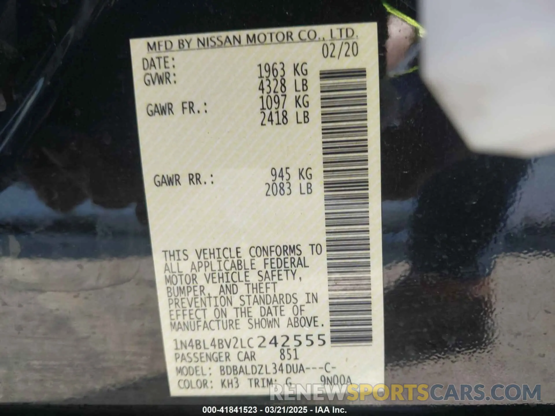 9 Photograph of a damaged car 1N4BL4BV2LC242555 NISSAN ALTIMA 2020