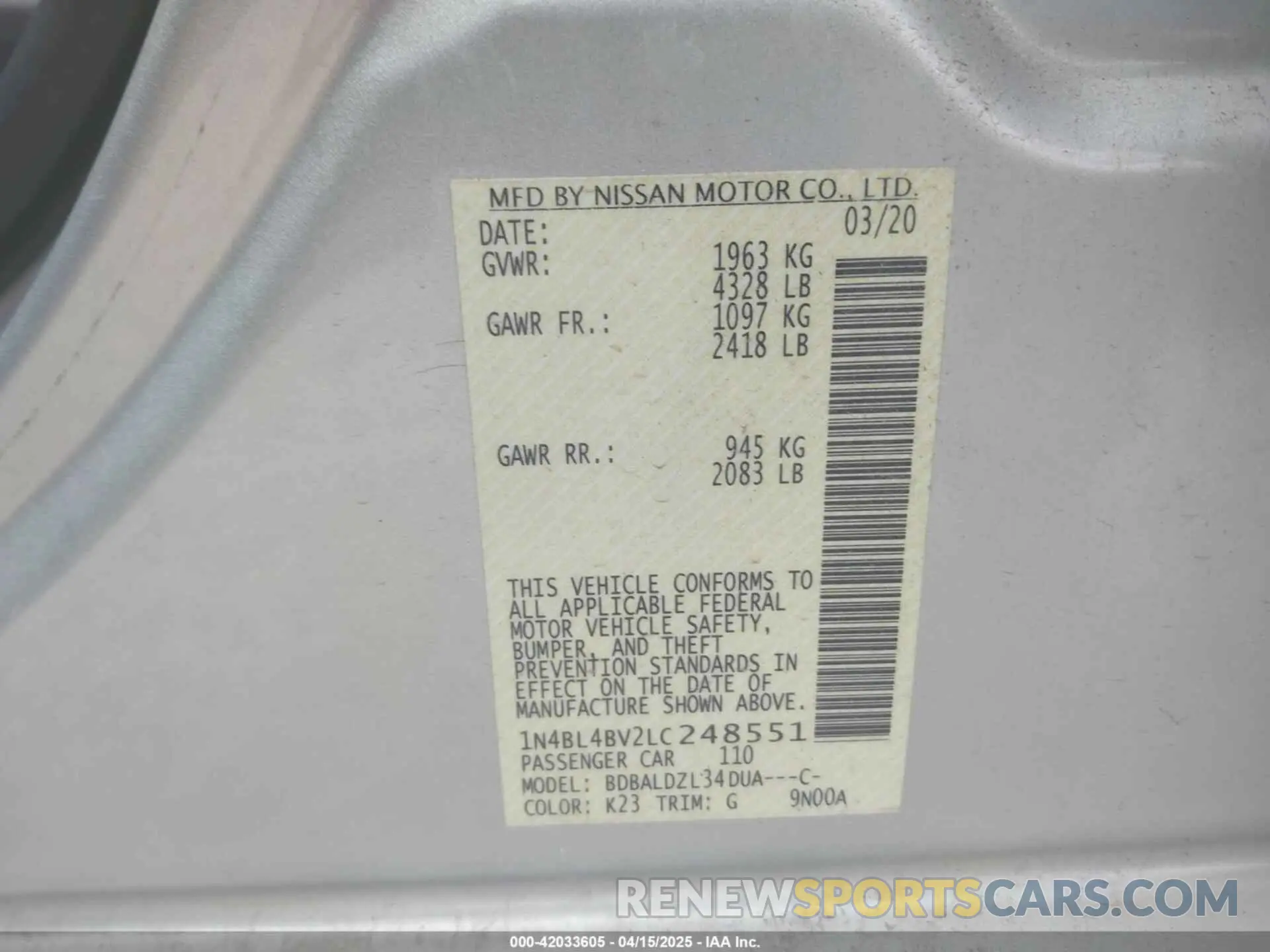 9 Photograph of a damaged car 1N4BL4BV2LC248551 NISSAN ALTIMA 2020