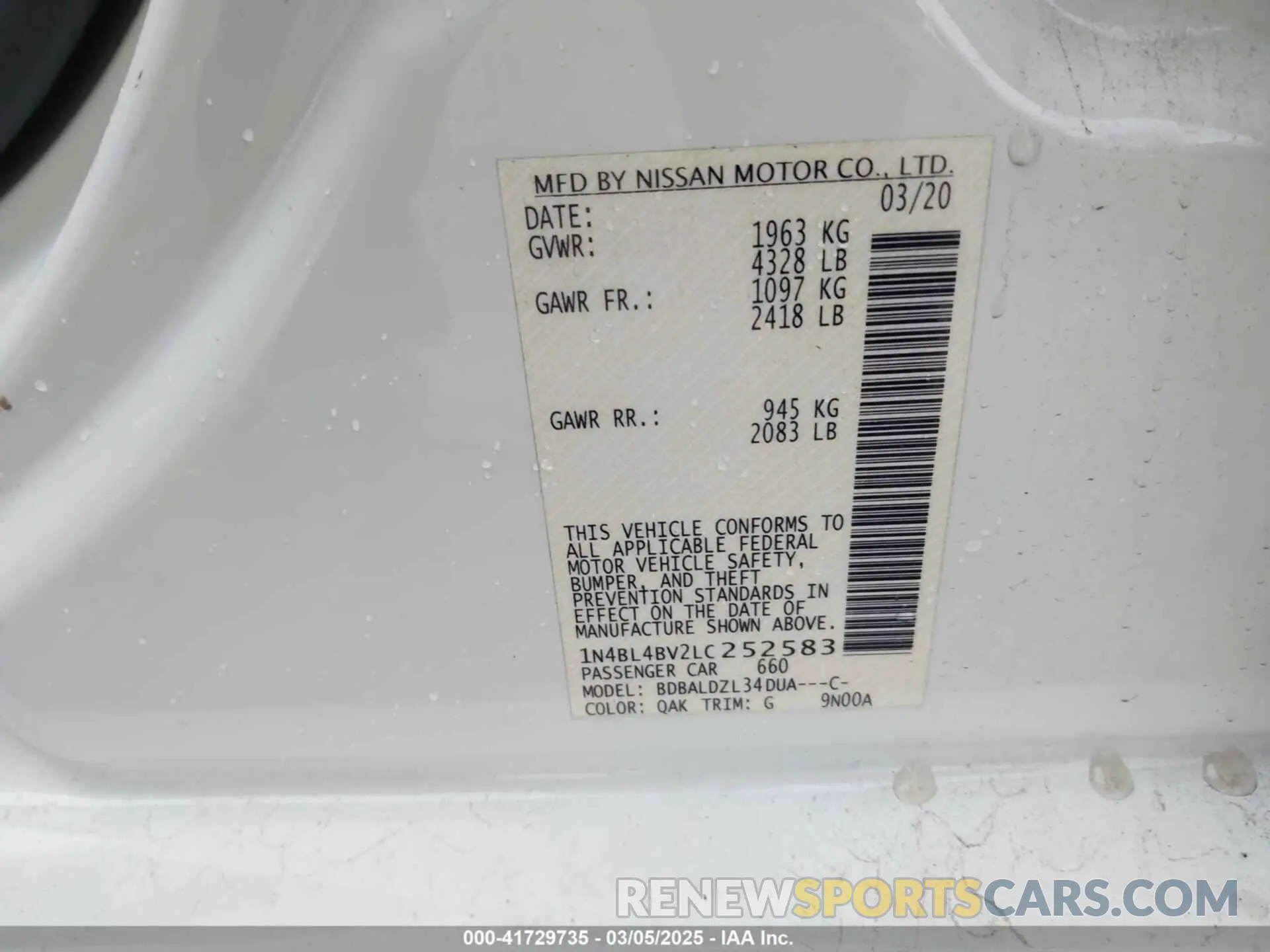 9 Photograph of a damaged car 1N4BL4BV2LC252583 NISSAN ALTIMA 2020