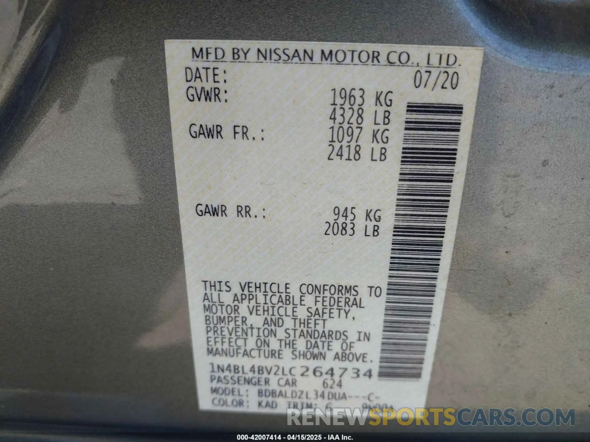 9 Photograph of a damaged car 1N4BL4BV2LC264734 NISSAN ALTIMA 2020