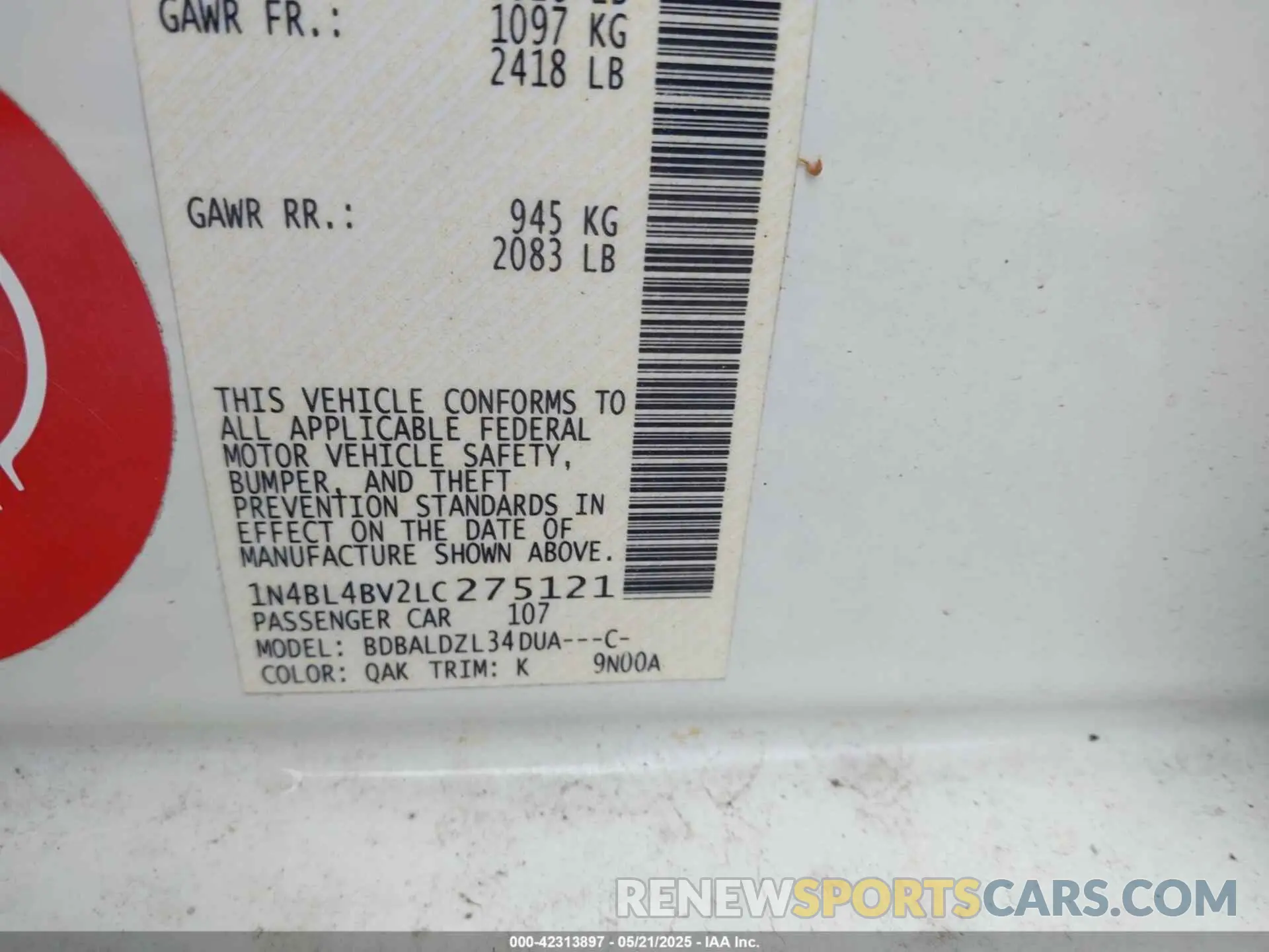9 Photograph of a damaged car 1N4BL4BV2LC275121 NISSAN ALTIMA 2020