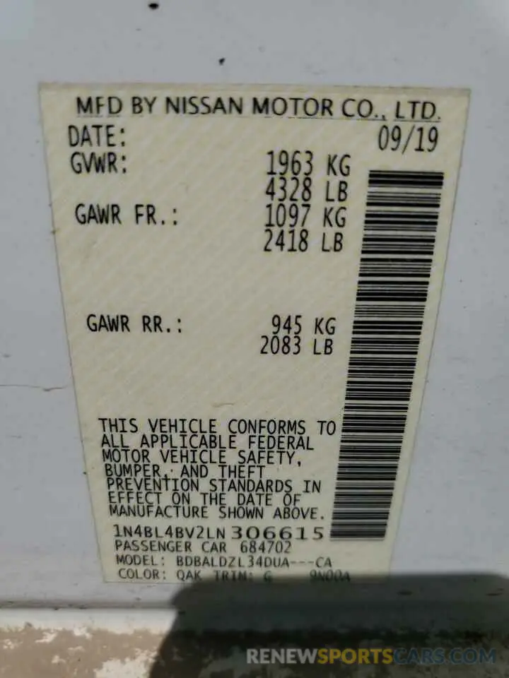 12 Photograph of a damaged car 1N4BL4BV2LN306615 NISSAN ALTIMA 2020