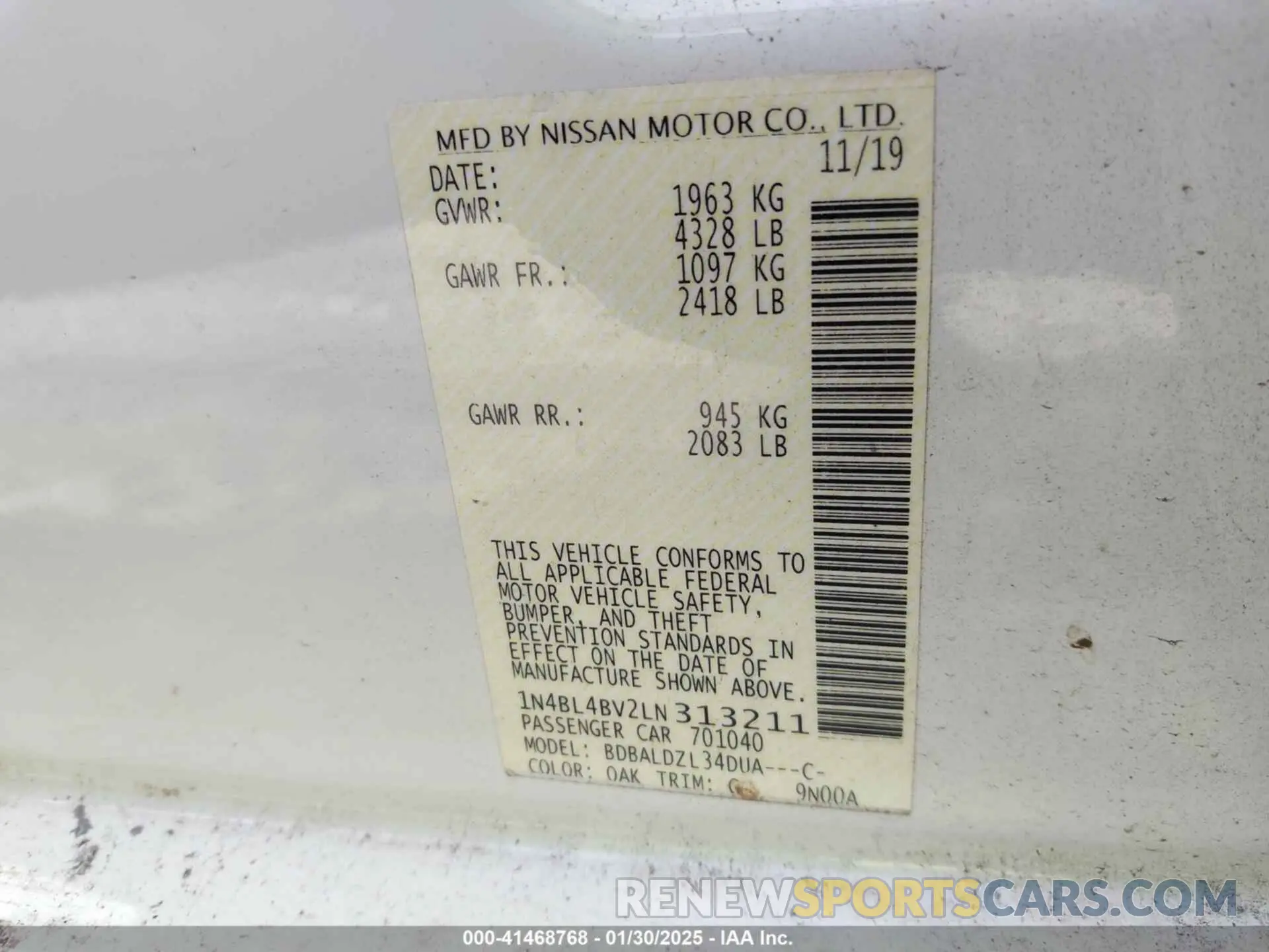 9 Photograph of a damaged car 1N4BL4BV2LN313211 NISSAN ALTIMA 2020