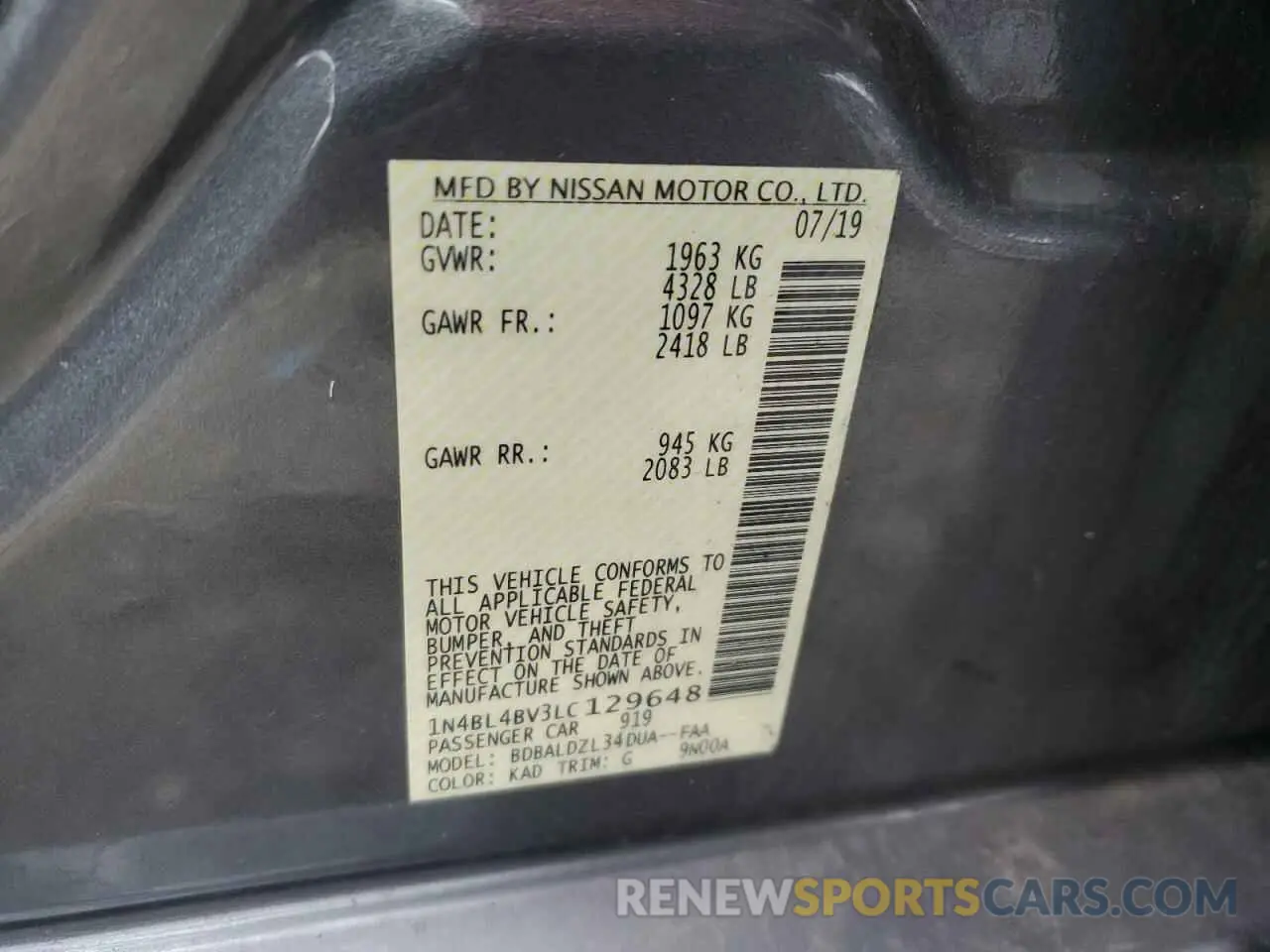 14 Photograph of a damaged car 1N4BL4BV3LC129648 NISSAN ALTIMA 2020