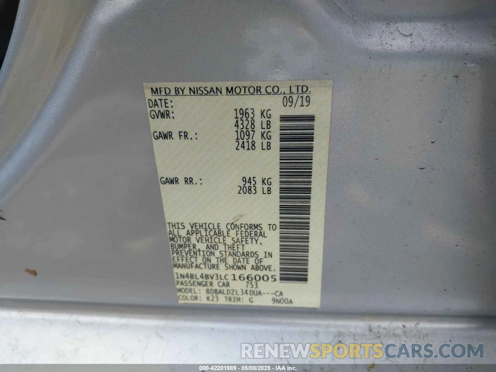 9 Photograph of a damaged car 1N4BL4BV3LC166005 NISSAN ALTIMA 2020
