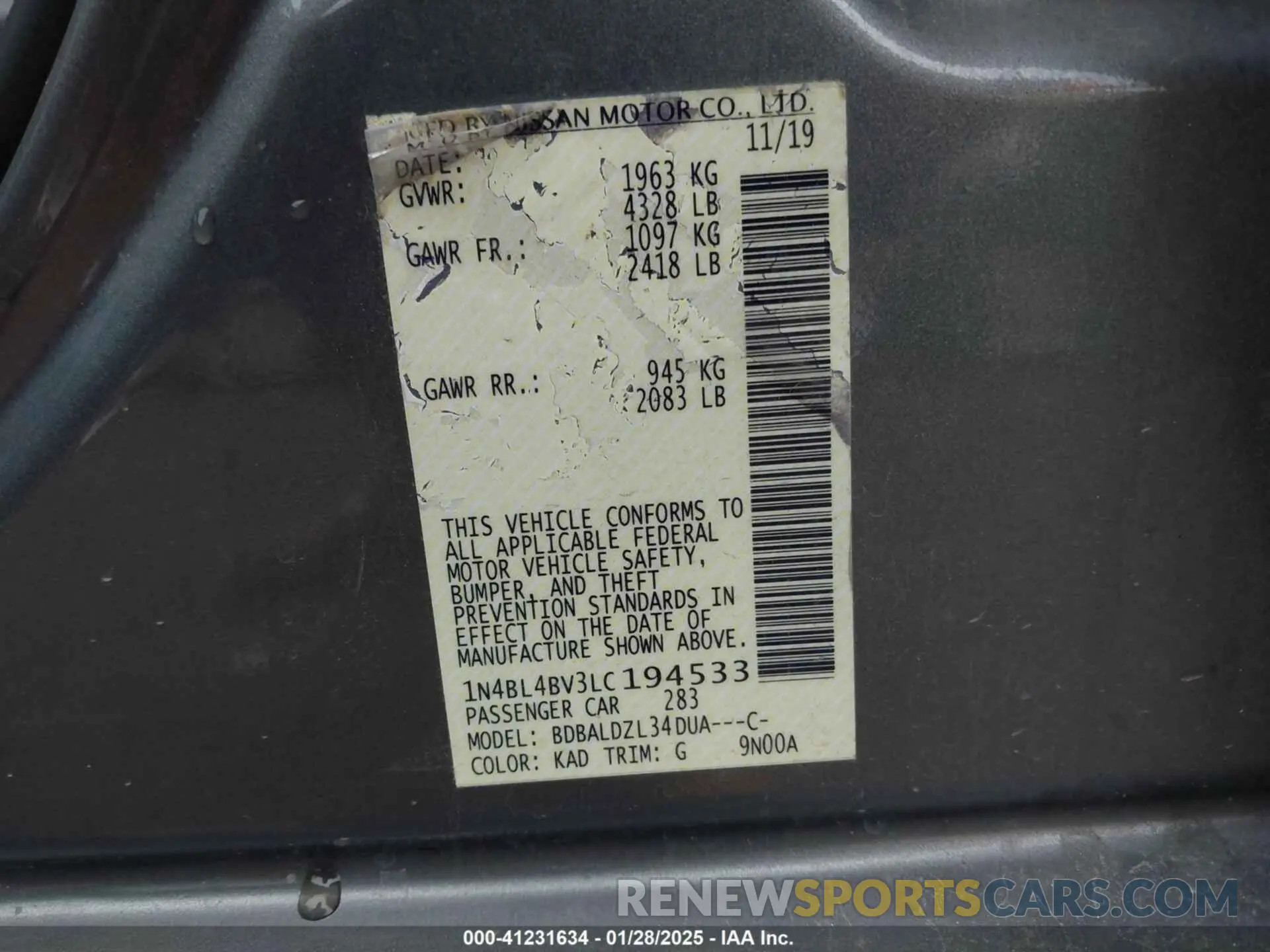 9 Photograph of a damaged car 1N4BL4BV3LC194533 NISSAN ALTIMA 2020
