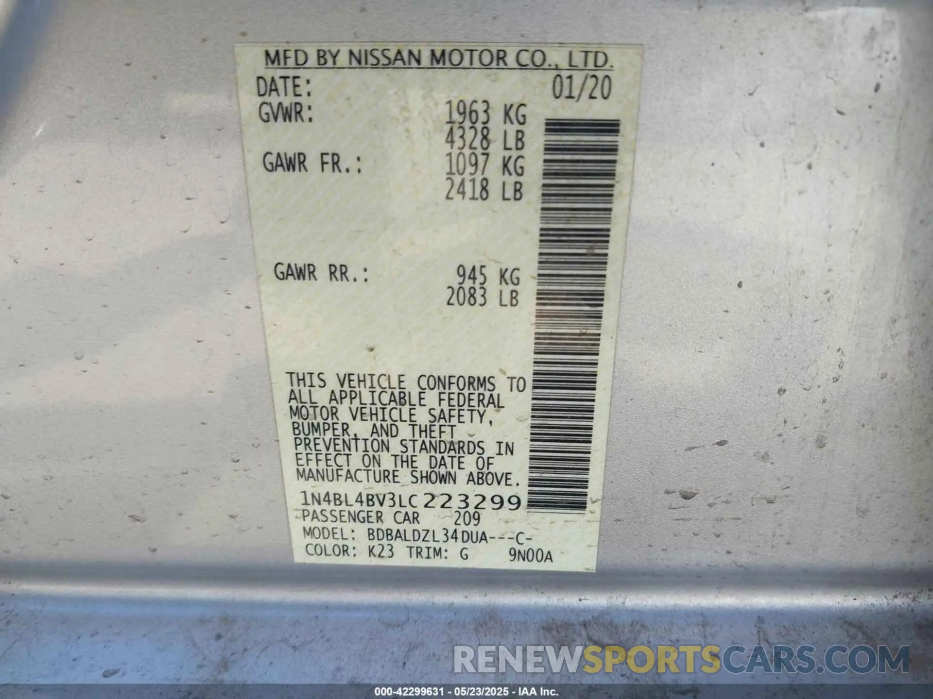 9 Photograph of a damaged car 1N4BL4BV3LC223299 NISSAN ALTIMA 2020