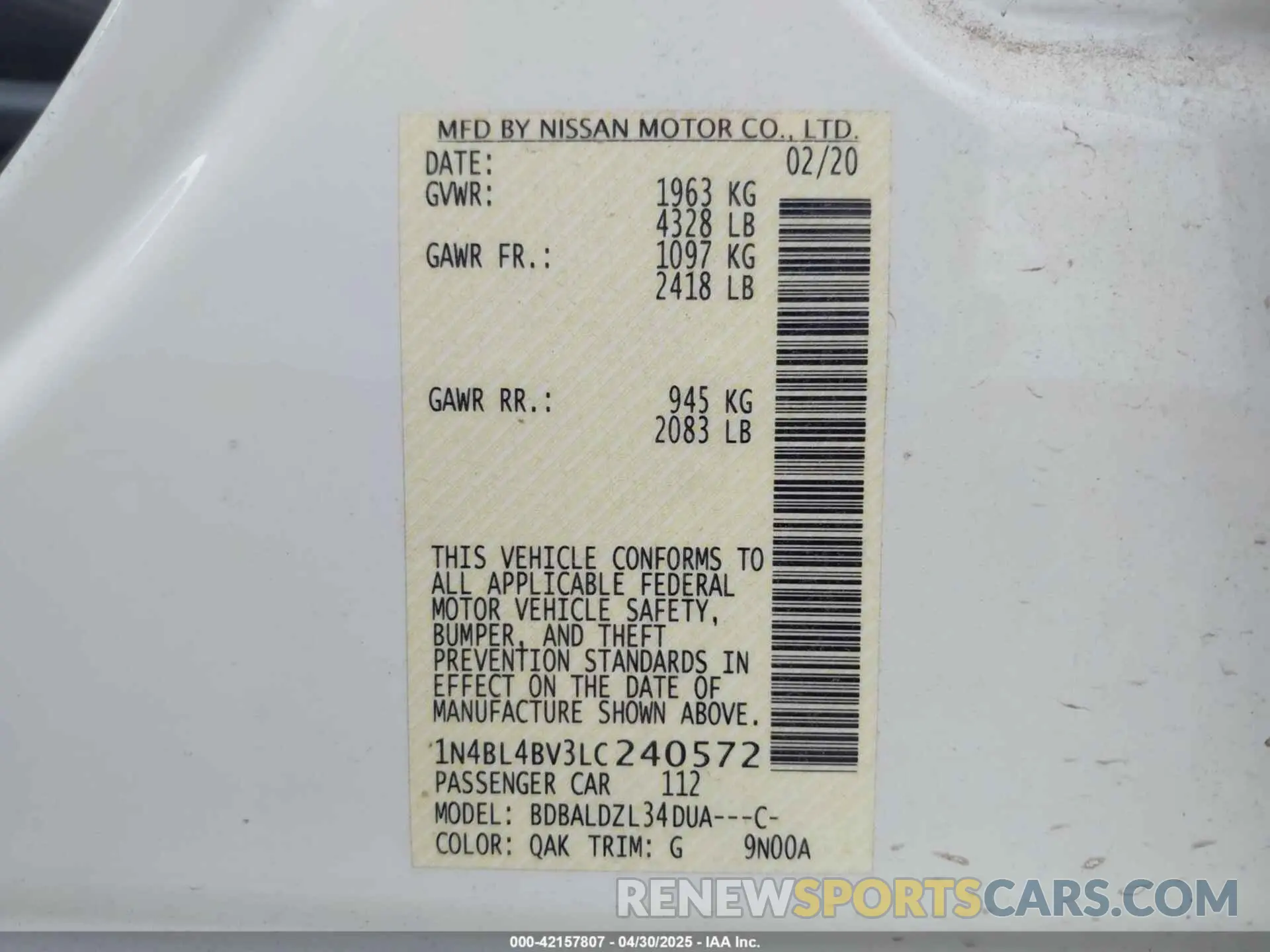 9 Photograph of a damaged car 1N4BL4BV3LC240572 NISSAN ALTIMA 2020