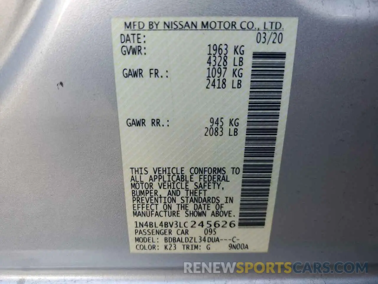 12 Photograph of a damaged car 1N4BL4BV3LC245626 NISSAN ALTIMA 2020