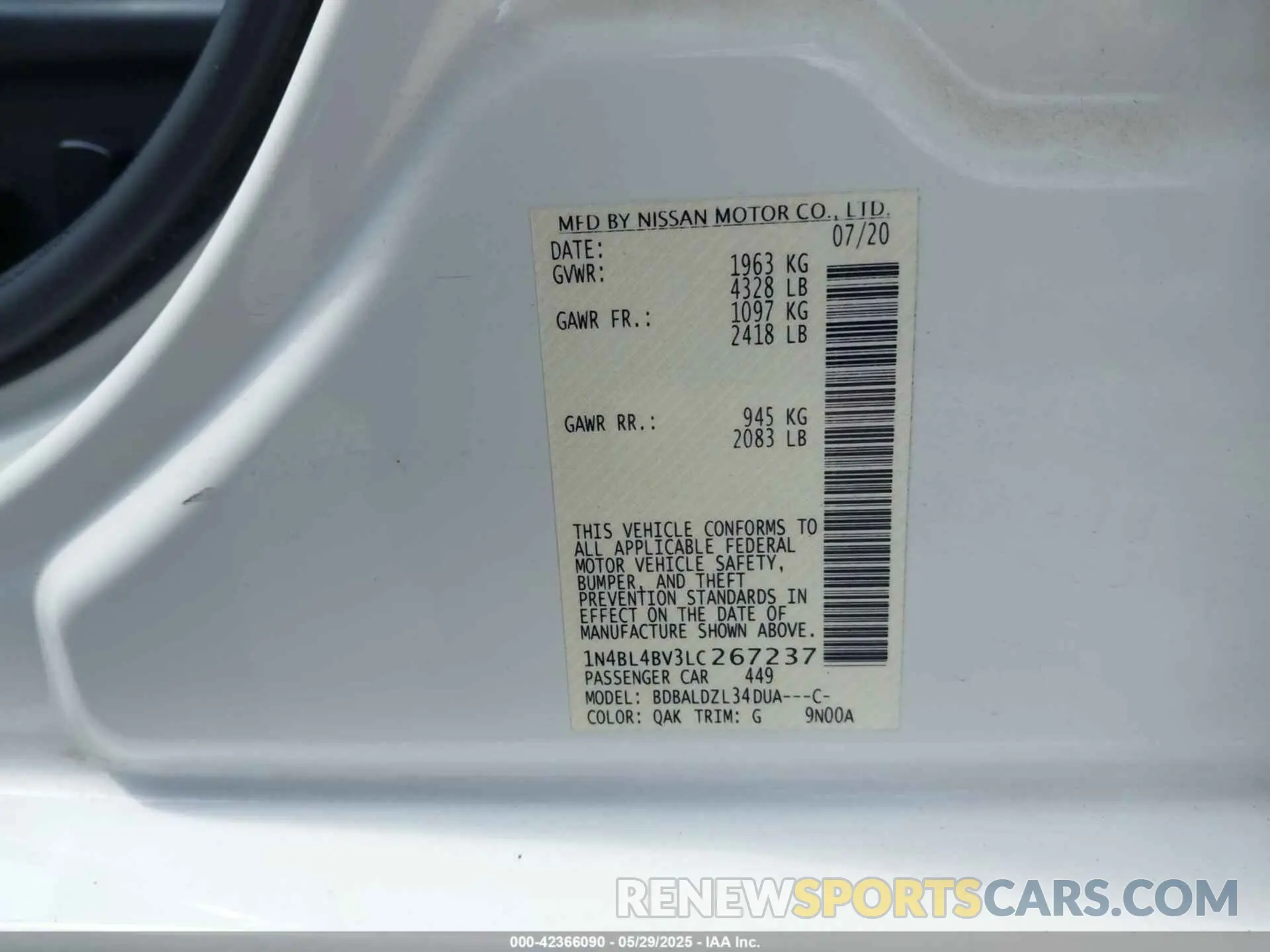 9 Photograph of a damaged car 1N4BL4BV3LC267237 NISSAN ALTIMA 2020