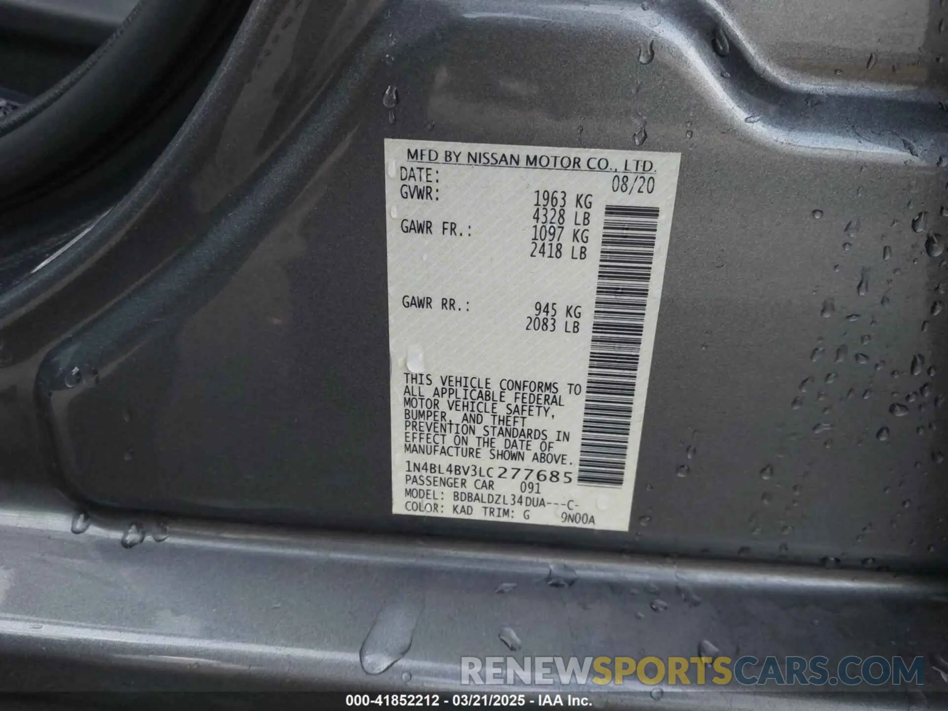 9 Photograph of a damaged car 1N4BL4BV3LC277685 NISSAN ALTIMA 2020