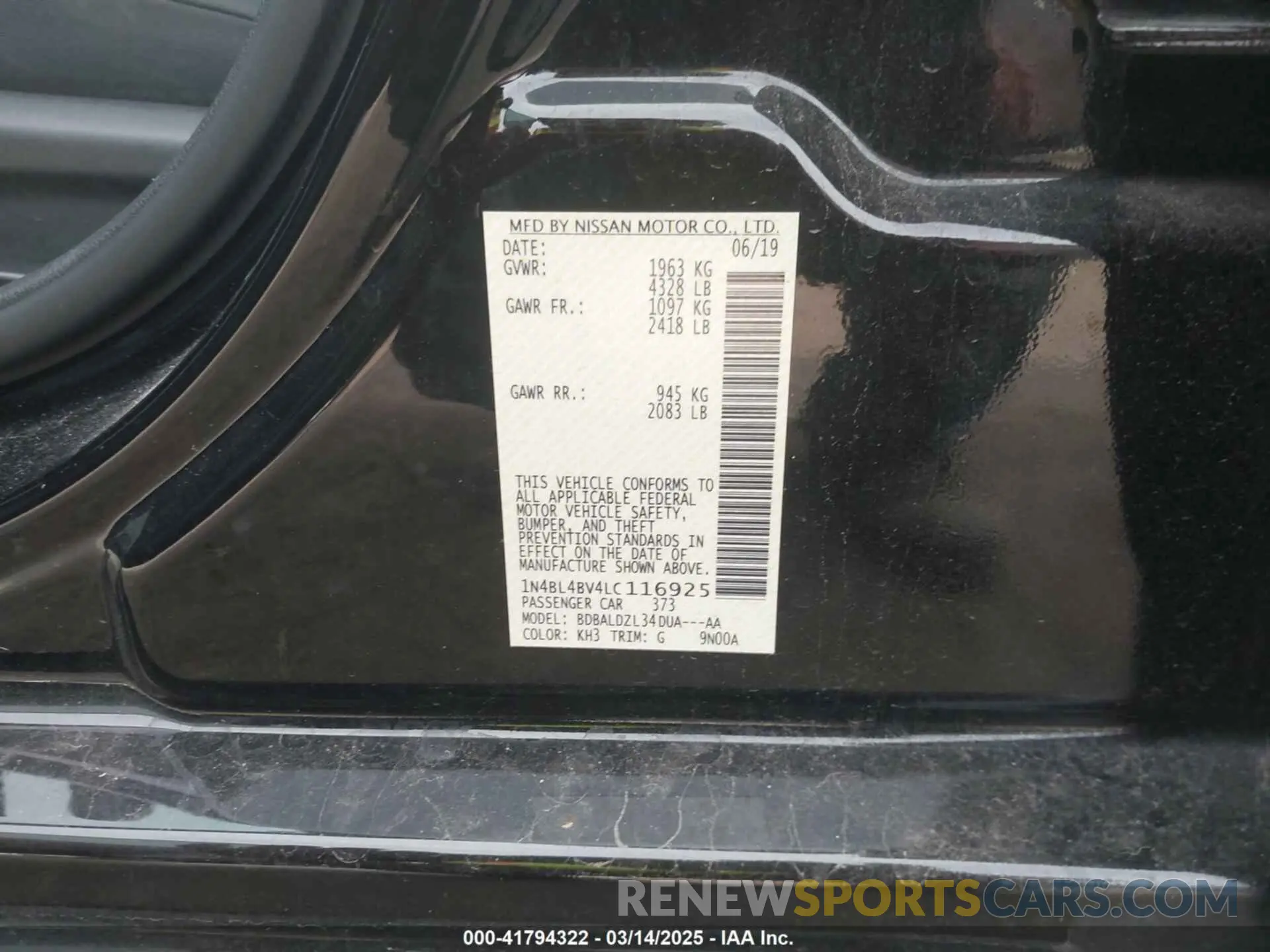 9 Photograph of a damaged car 1N4BL4BV4LC116925 NISSAN ALTIMA 2020