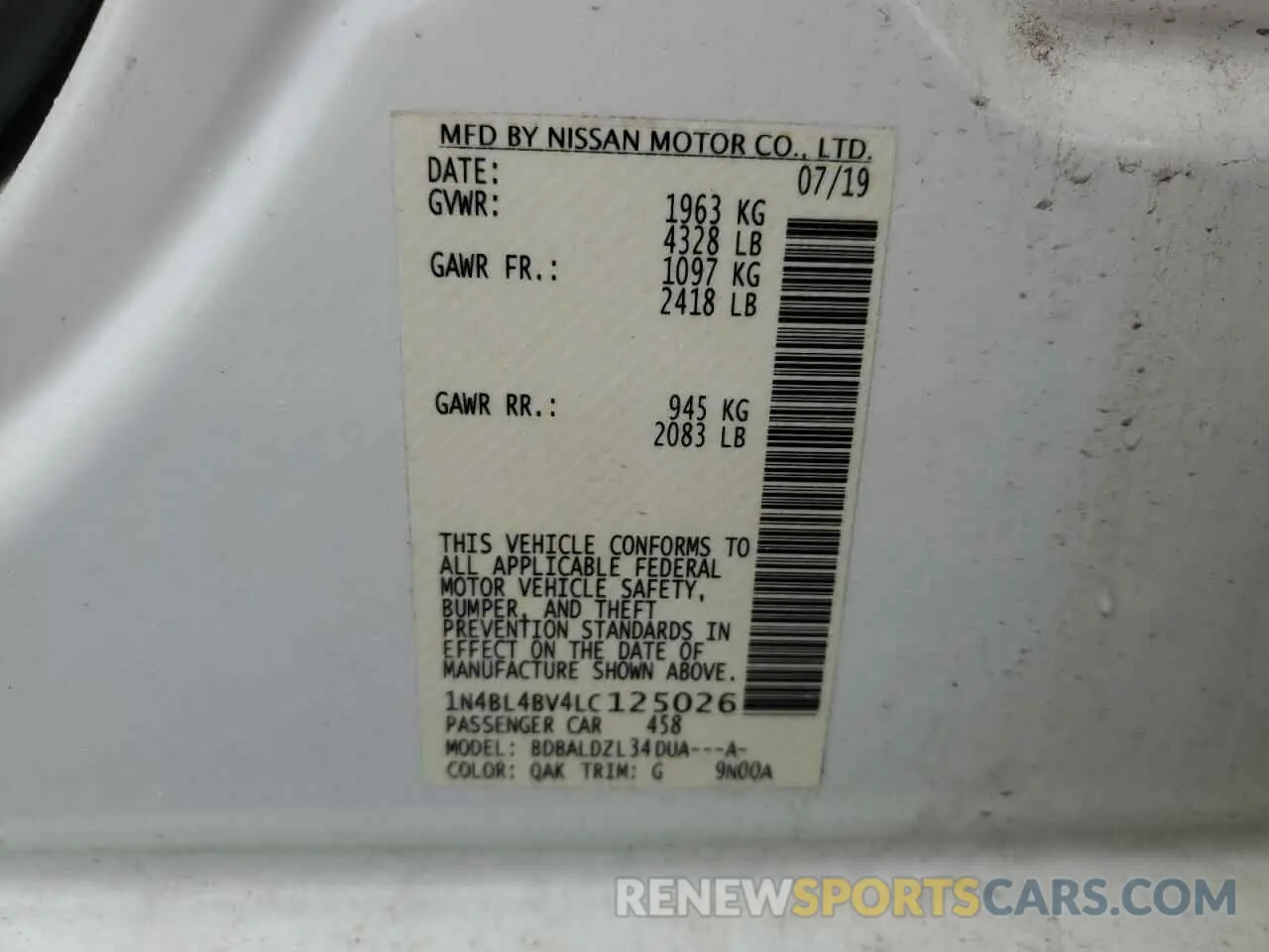 12 Photograph of a damaged car 1N4BL4BV4LC125026 NISSAN ALTIMA 2020