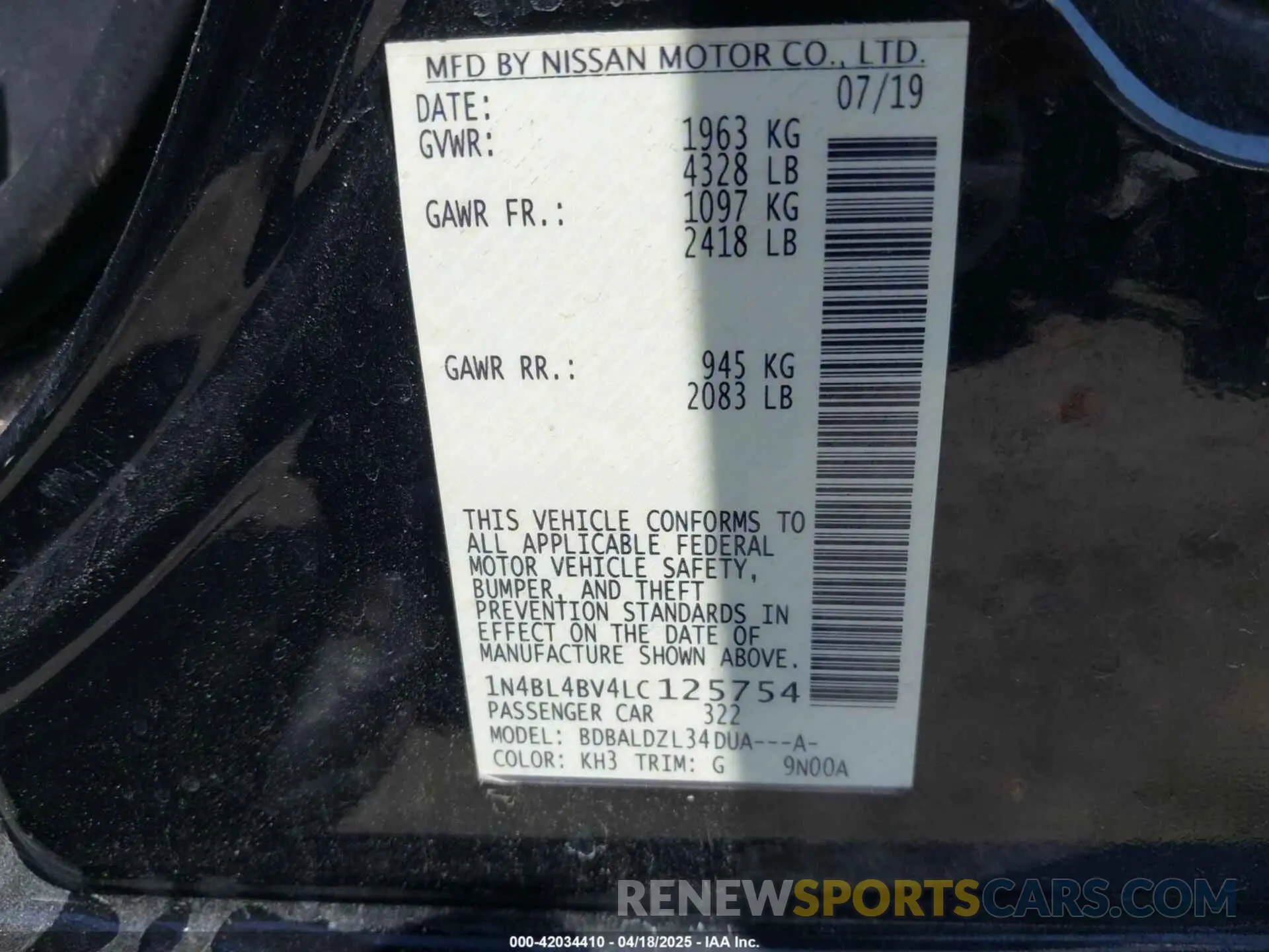 9 Photograph of a damaged car 1N4BL4BV4LC125754 NISSAN ALTIMA 2020