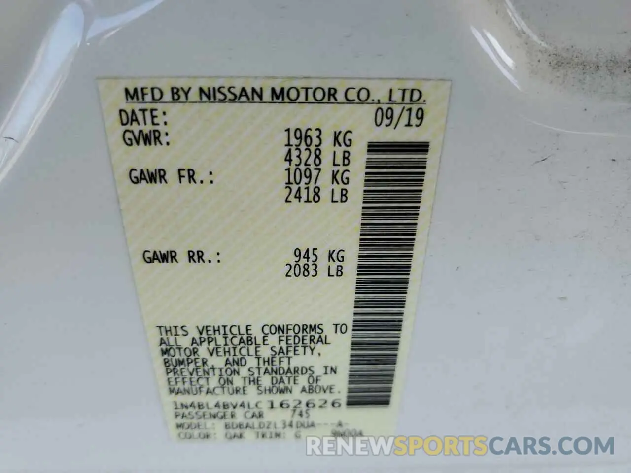 14 Photograph of a damaged car 1N4BL4BV4LC162626 NISSAN ALTIMA 2020