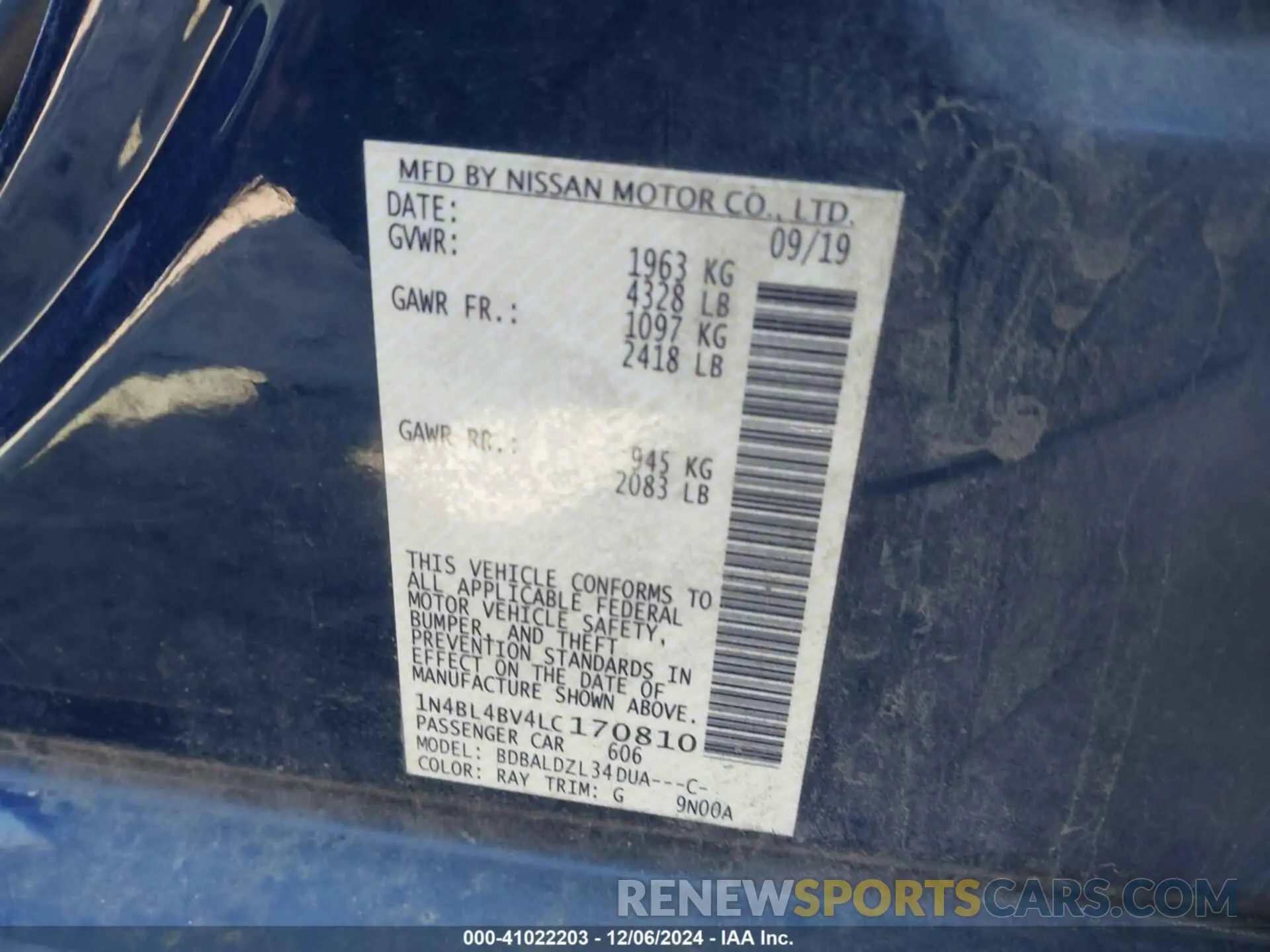 8 Photograph of a damaged car 1N4BL4BV4LC170810 NISSAN ALTIMA 2020