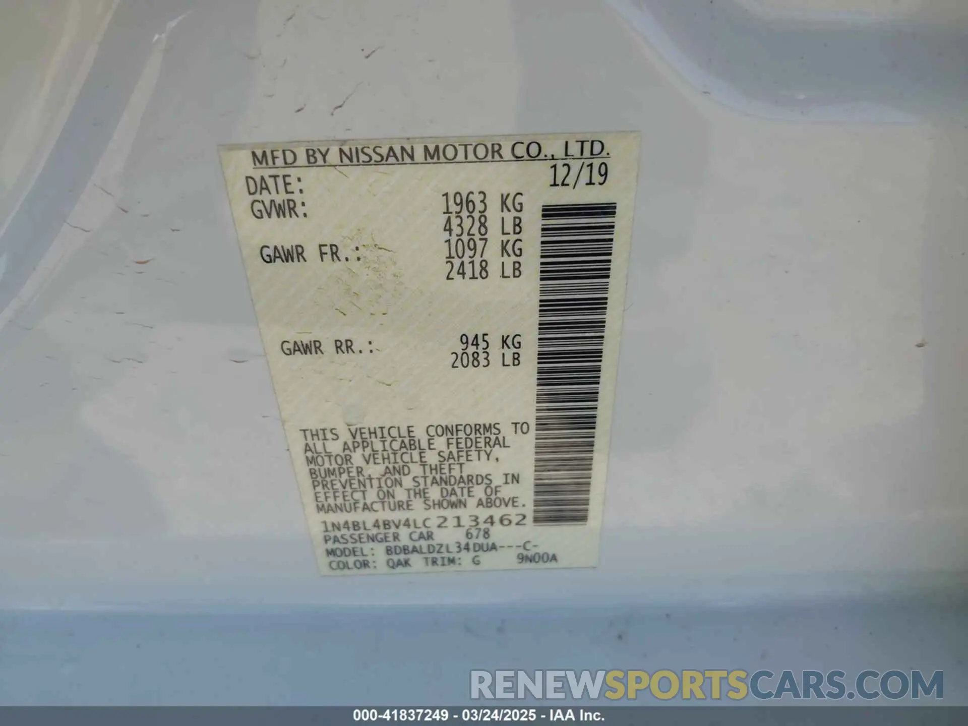 9 Photograph of a damaged car 1N4BL4BV4LC213462 NISSAN ALTIMA 2020