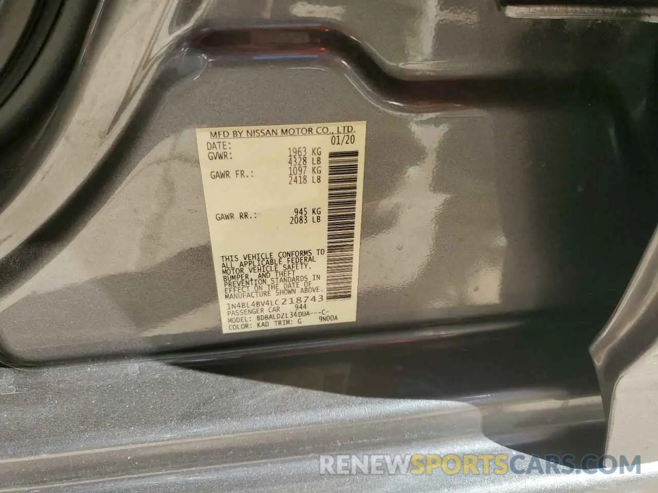 12 Photograph of a damaged car 1N4BL4BV4LC218743 NISSAN ALTIMA 2020