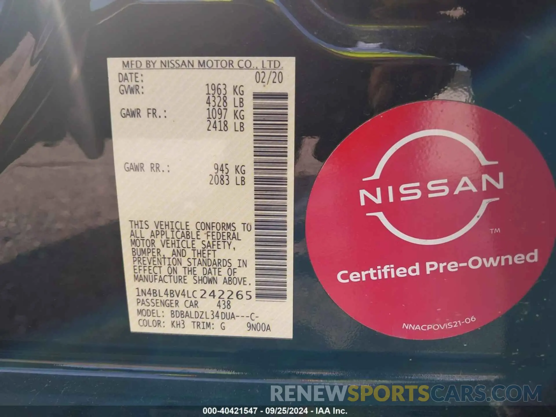 9 Photograph of a damaged car 1N4BL4BV4LC242265 NISSAN ALTIMA 2020