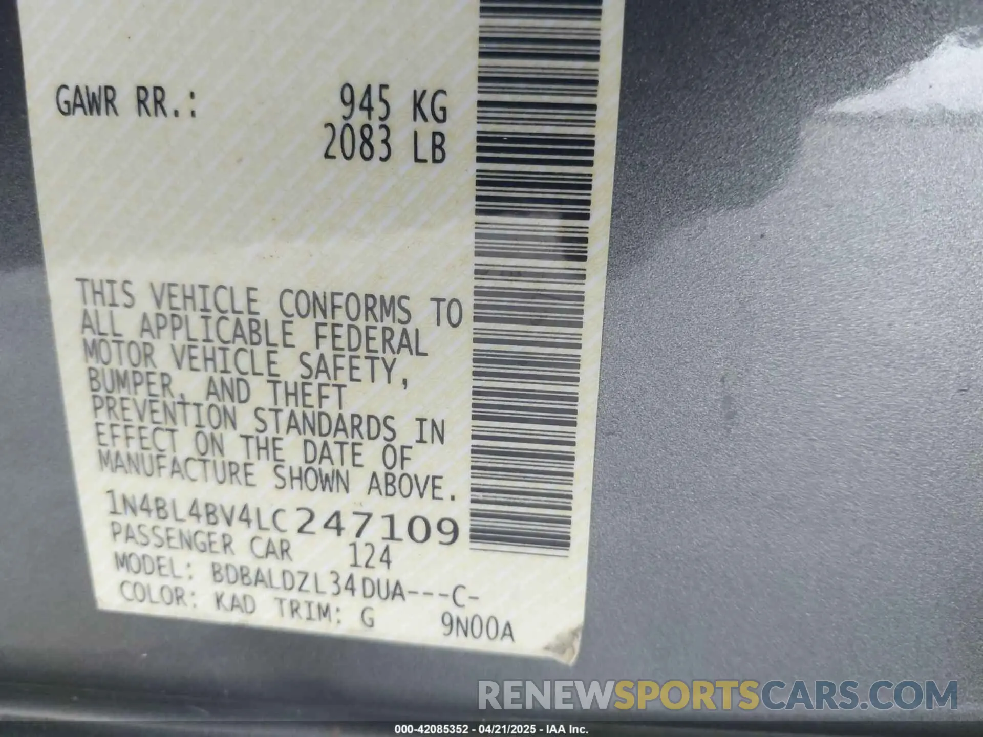 9 Photograph of a damaged car 1N4BL4BV4LC247109 NISSAN ALTIMA 2020