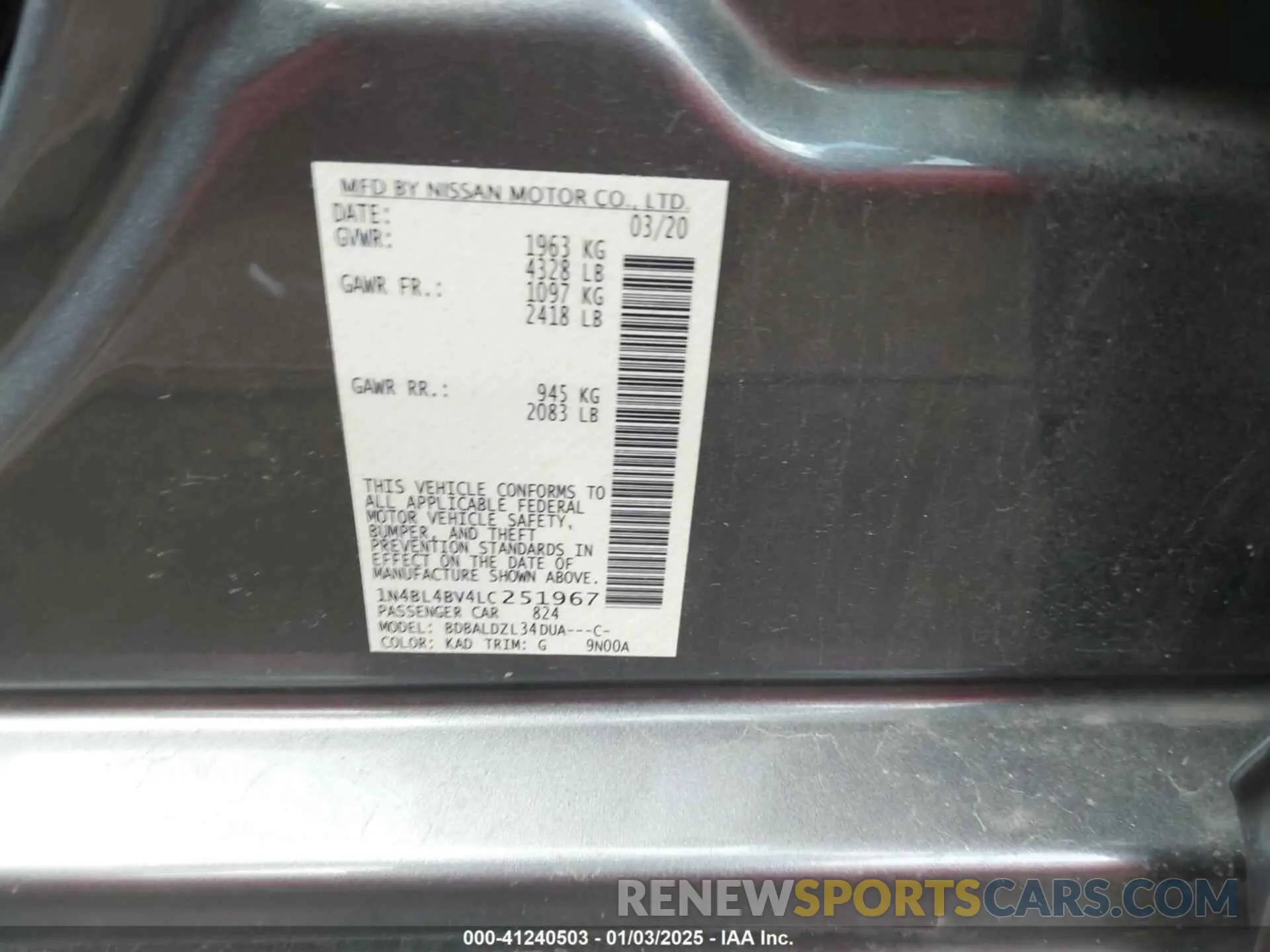 9 Photograph of a damaged car 1N4BL4BV4LC251967 NISSAN ALTIMA 2020