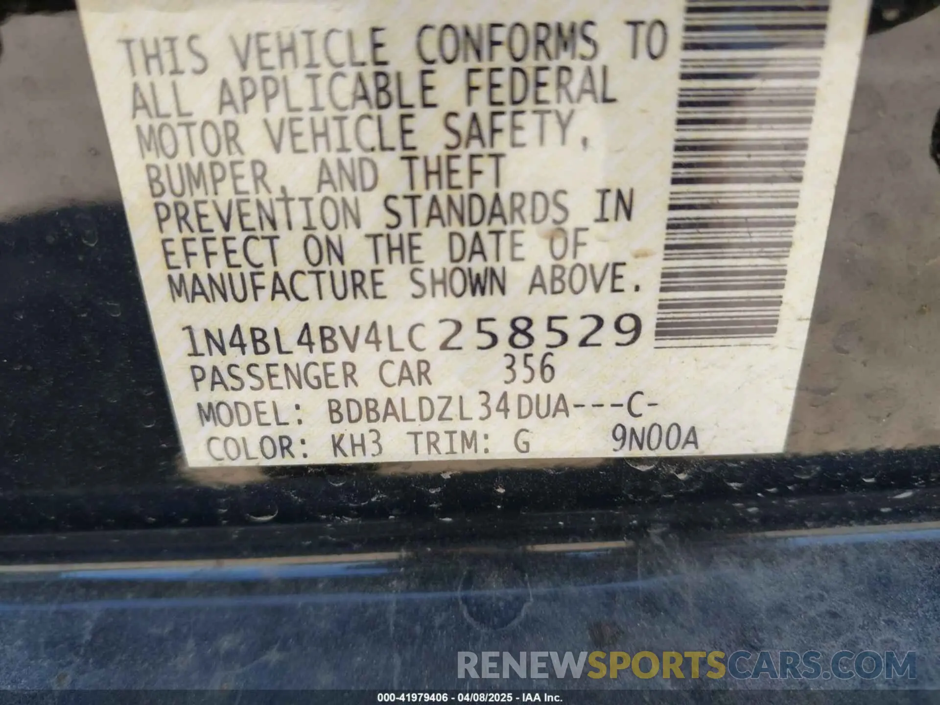 9 Photograph of a damaged car 1N4BL4BV4LC258529 NISSAN ALTIMA 2020