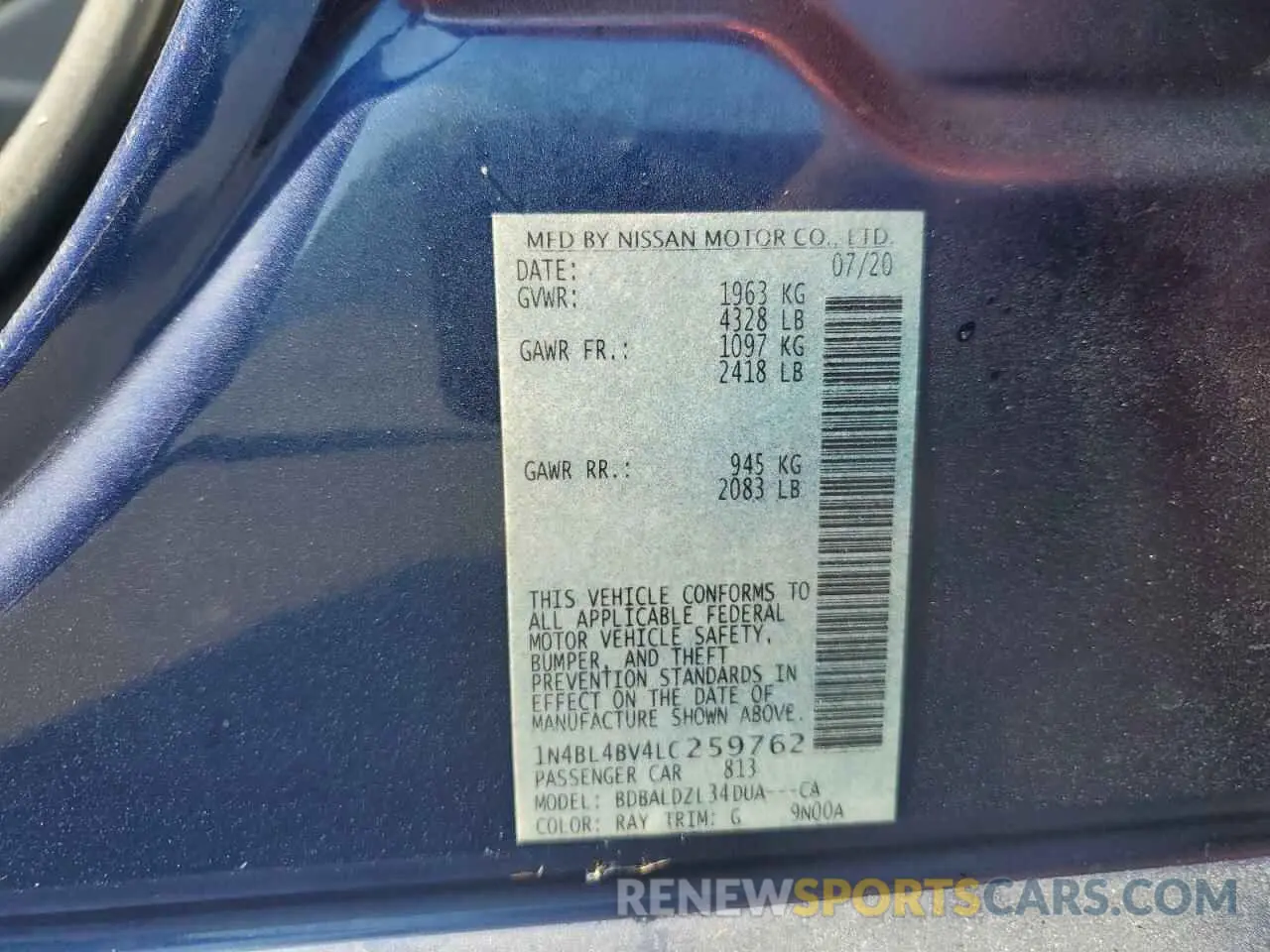 12 Photograph of a damaged car 1N4BL4BV4LC259762 NISSAN ALTIMA 2020