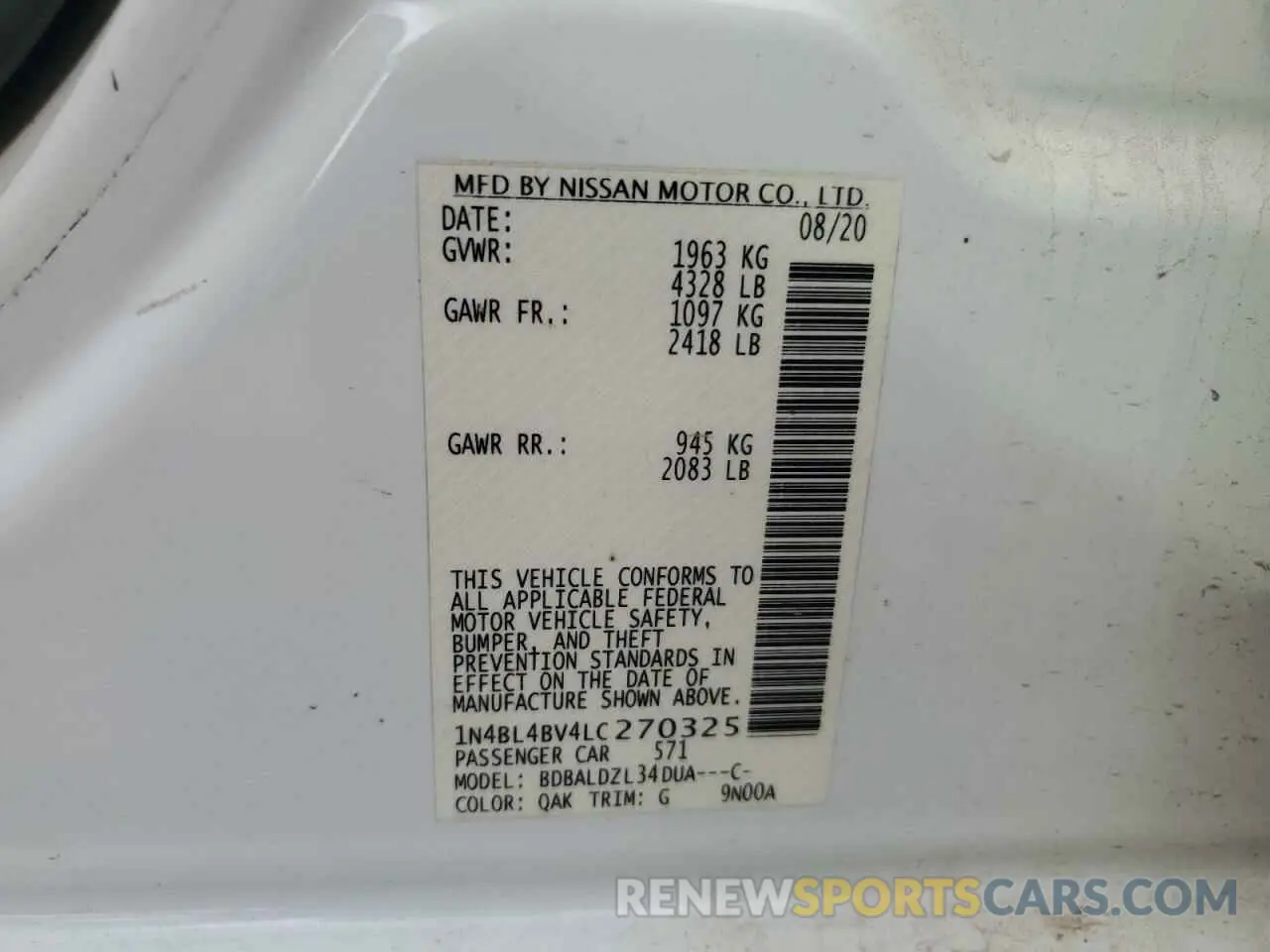14 Photograph of a damaged car 1N4BL4BV4LC270325 NISSAN ALTIMA 2020