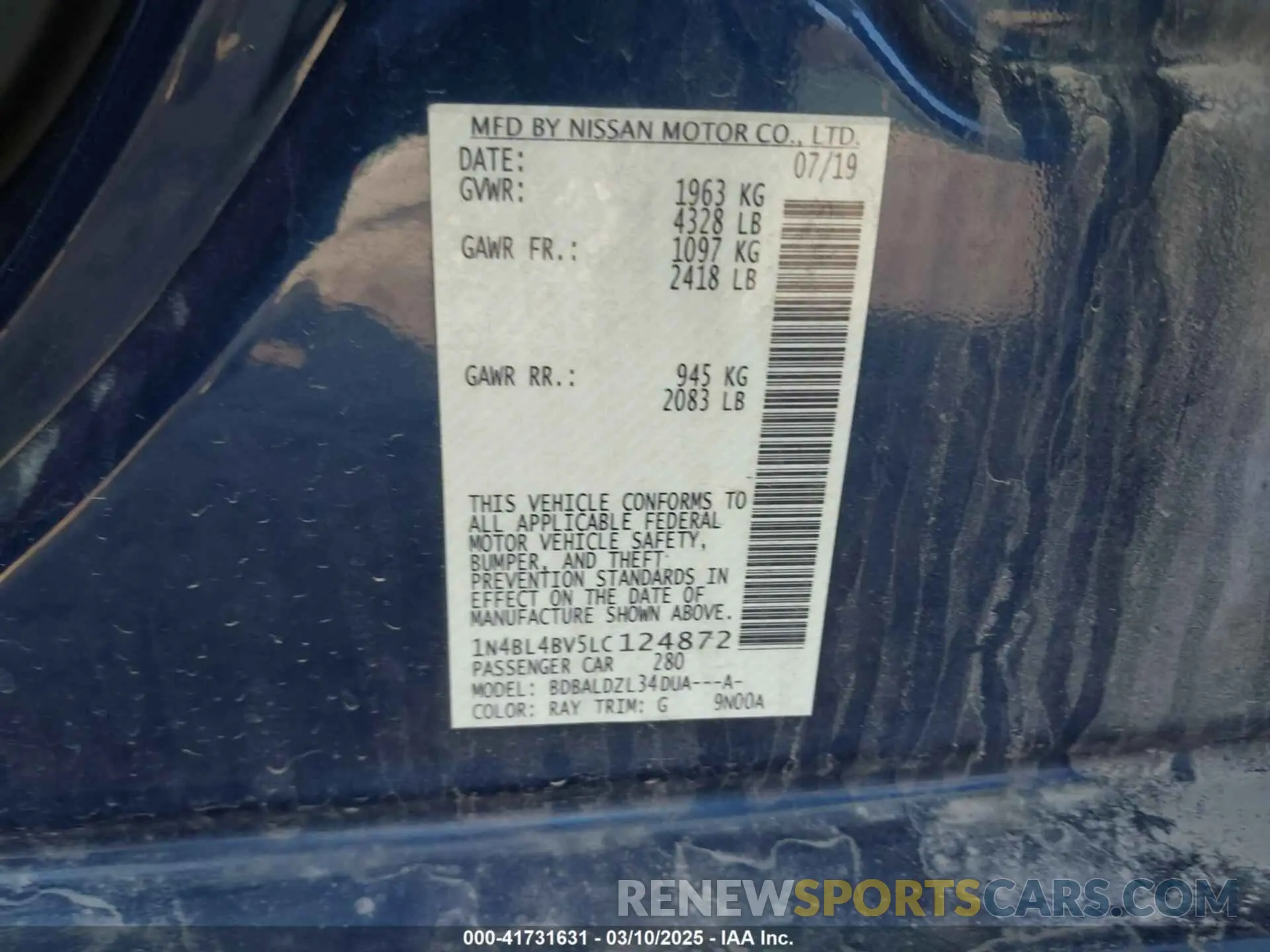 9 Photograph of a damaged car 1N4BL4BV5LC124872 NISSAN ALTIMA 2020
