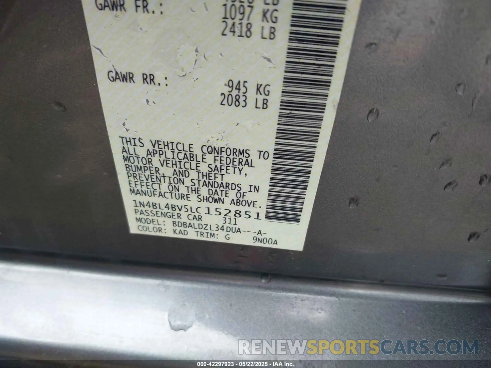 9 Photograph of a damaged car 1N4BL4BV5LC152851 NISSAN ALTIMA 2020