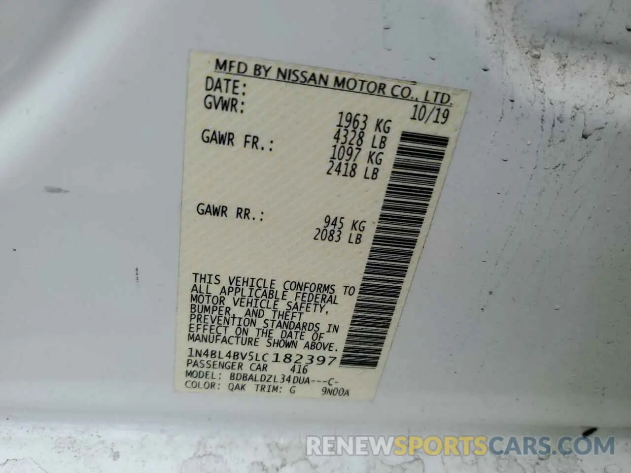 12 Photograph of a damaged car 1N4BL4BV5LC182397 NISSAN ALTIMA 2020
