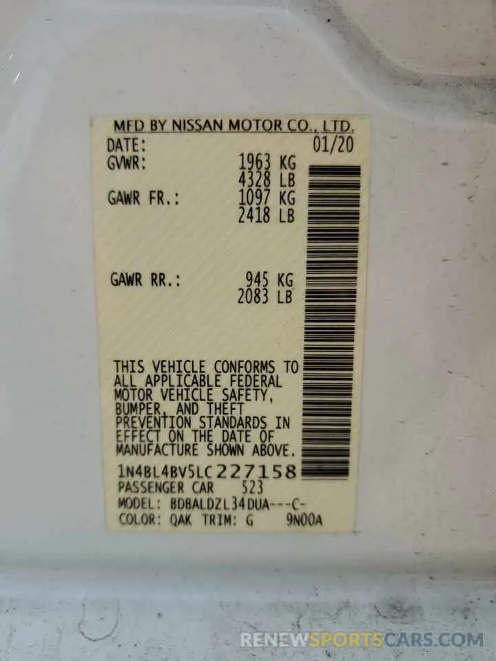 12 Photograph of a damaged car 1N4BL4BV5LC227158 NISSAN ALTIMA 2020