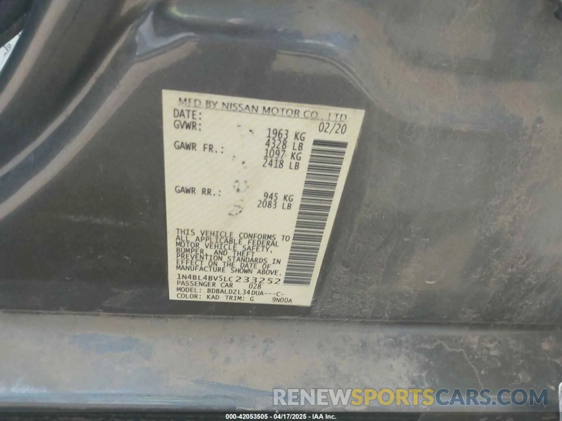 9 Photograph of a damaged car 1N4BL4BV5LC233252 NISSAN ALTIMA 2020