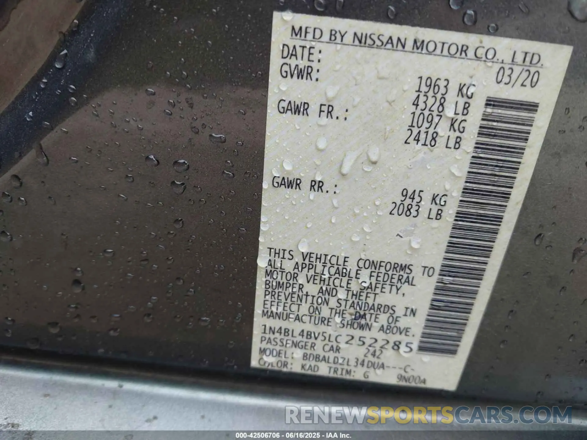 9 Photograph of a damaged car 1N4BL4BV5LC252285 NISSAN ALTIMA 2020