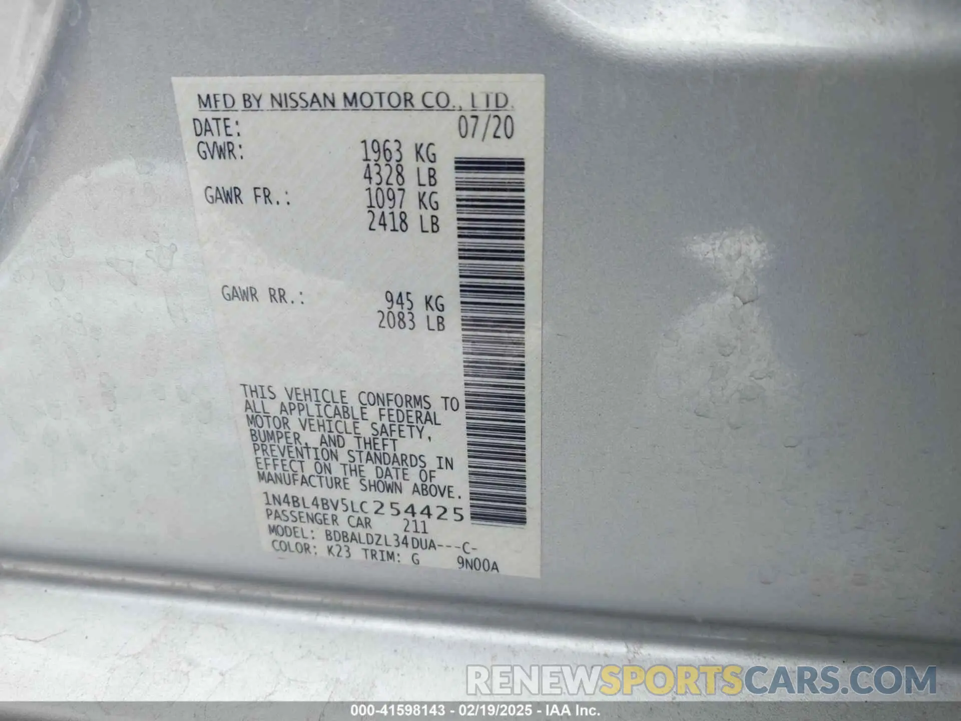 9 Photograph of a damaged car 1N4BL4BV5LC254425 NISSAN ALTIMA 2020