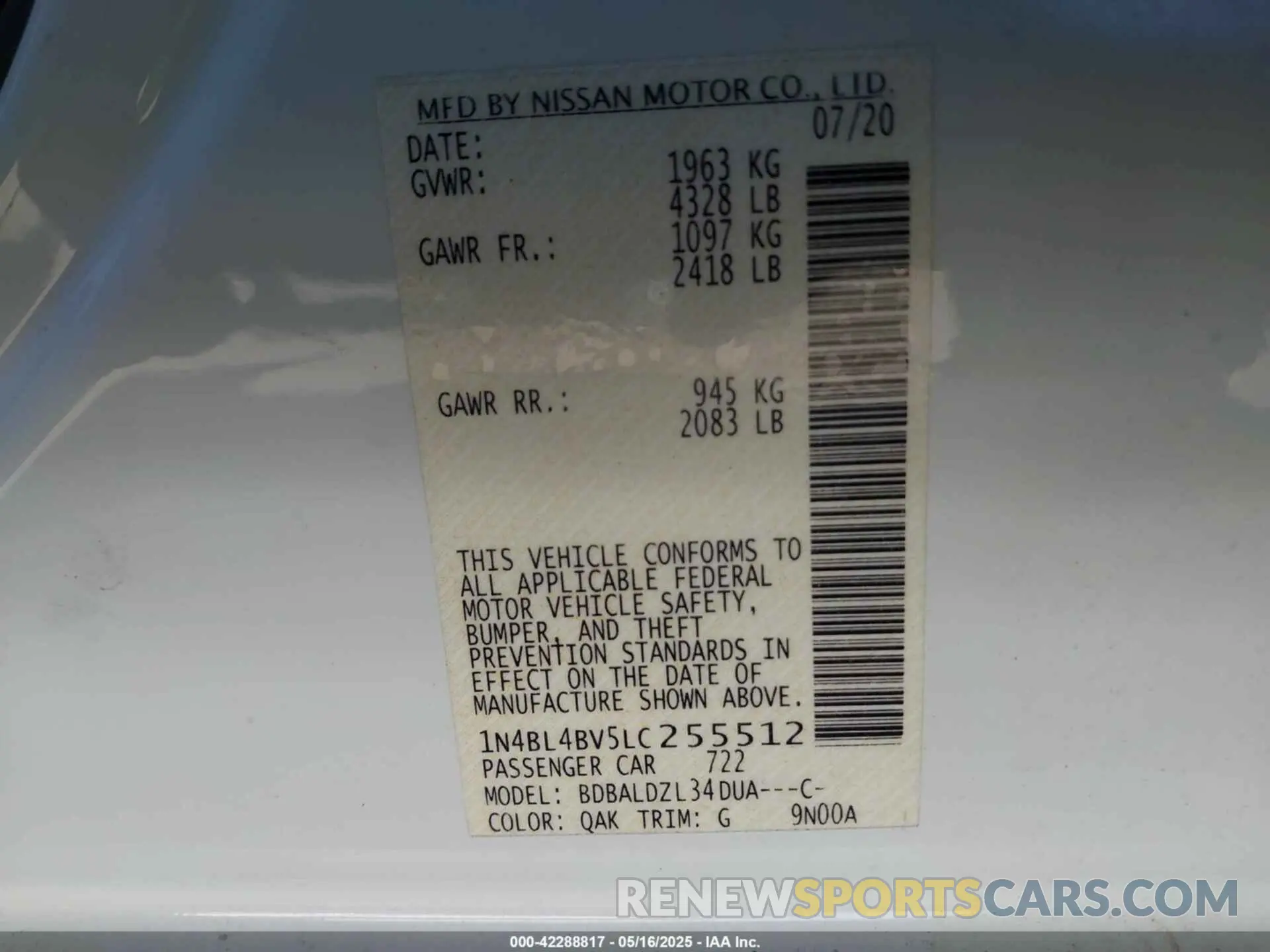 9 Photograph of a damaged car 1N4BL4BV5LC255512 NISSAN ALTIMA 2020