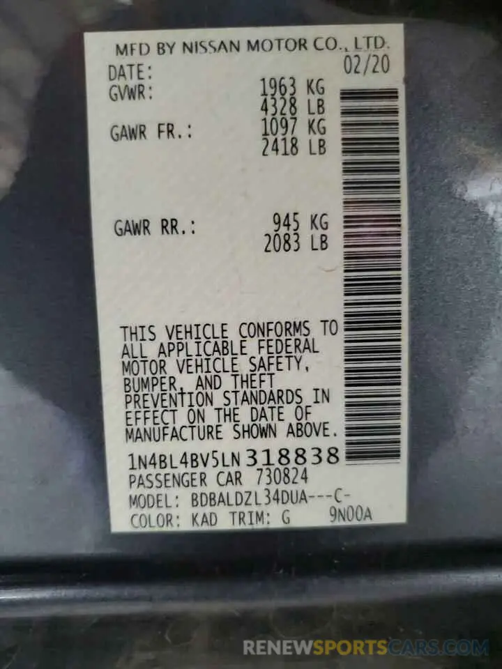 14 Photograph of a damaged car 1N4BL4BV5LN318838 NISSAN ALTIMA 2020