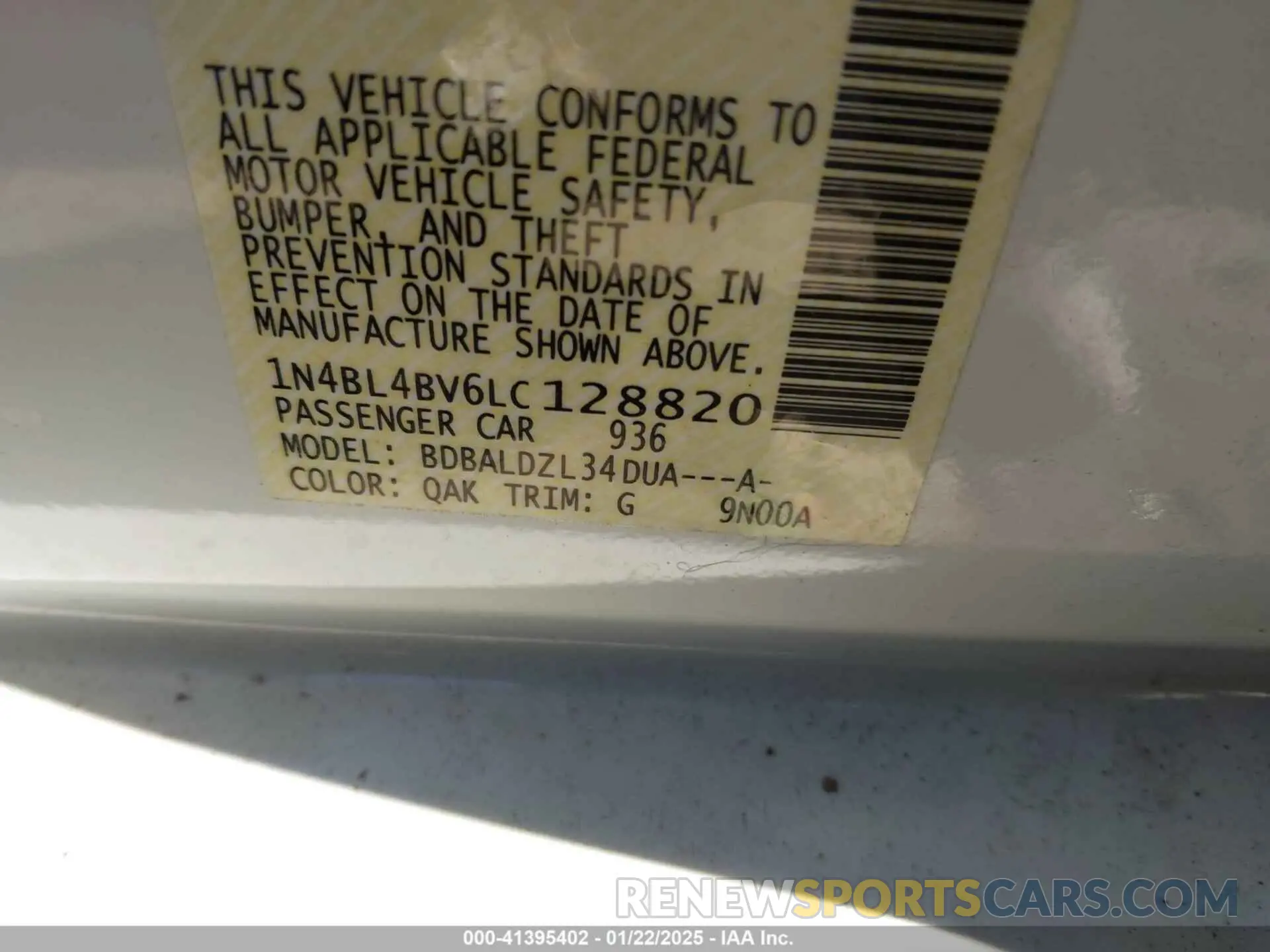 9 Photograph of a damaged car 1N4BL4BV6LC128820 NISSAN ALTIMA 2020