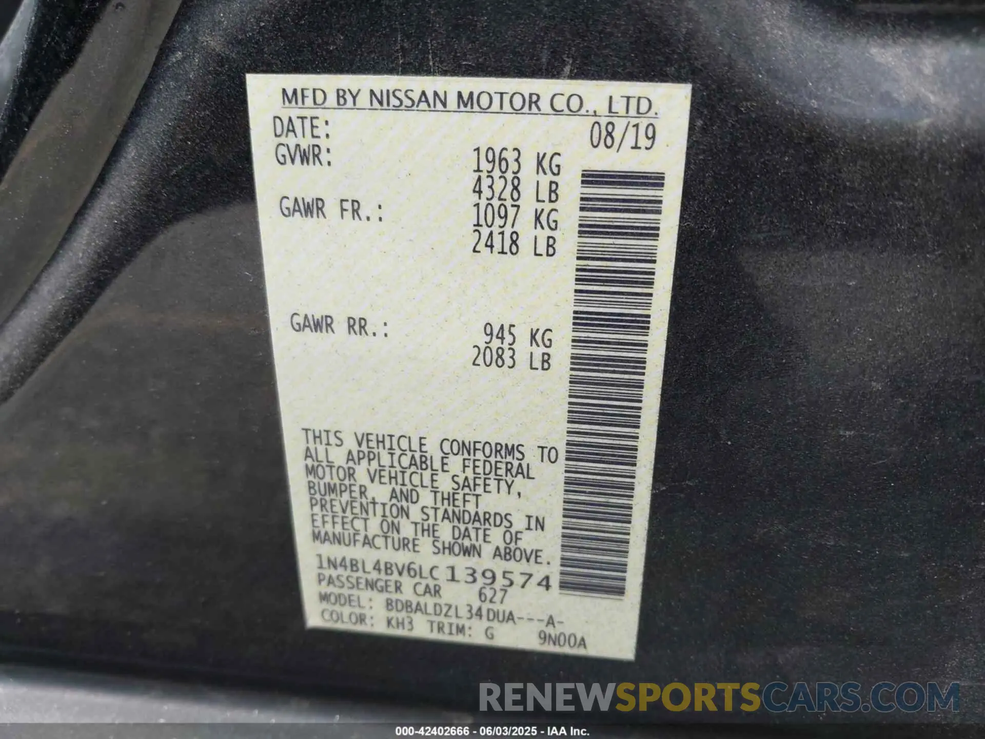 9 Photograph of a damaged car 1N4BL4BV6LC139574 NISSAN ALTIMA 2020
