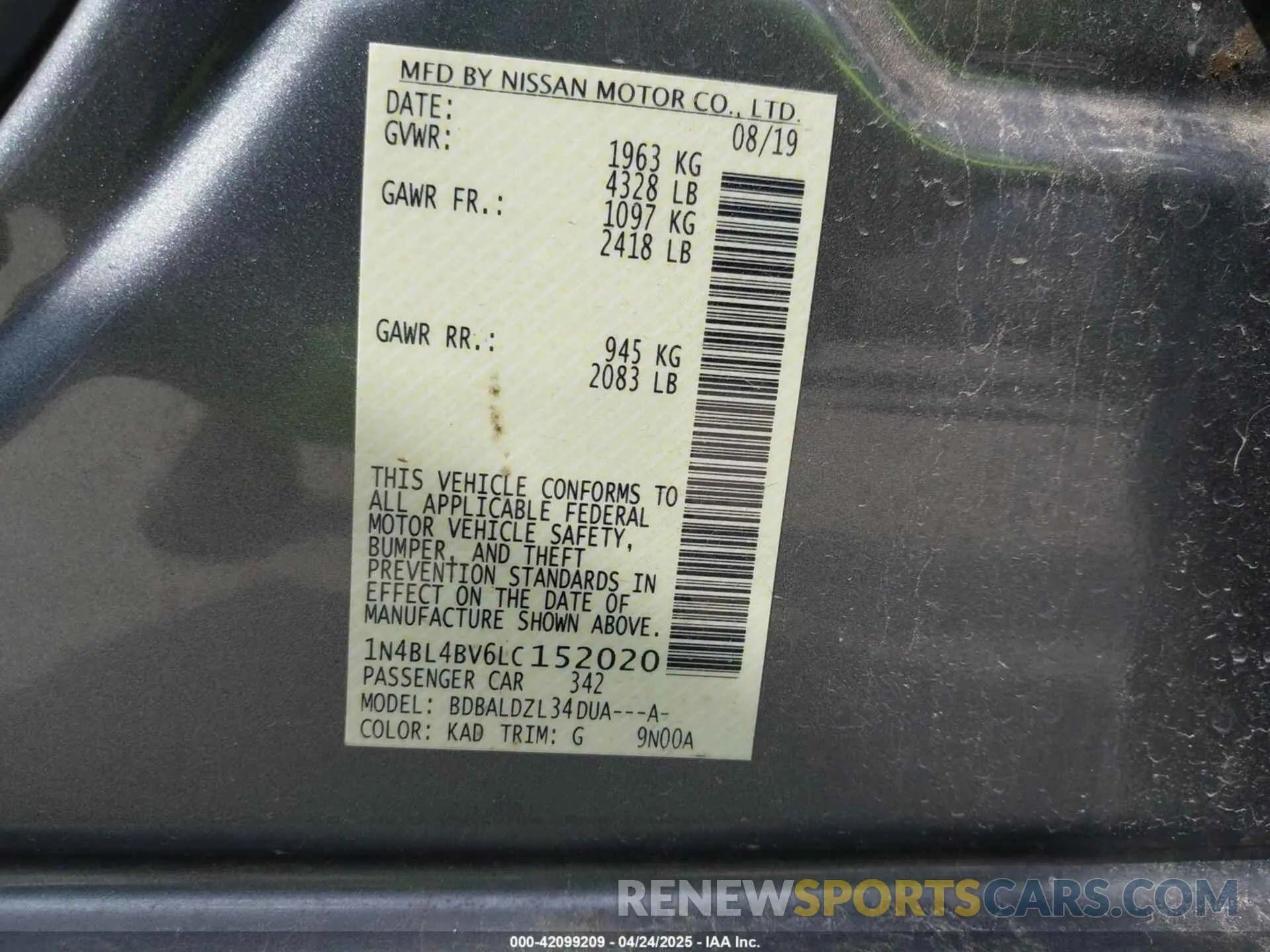 9 Photograph of a damaged car 1N4BL4BV6LC152020 NISSAN ALTIMA 2020