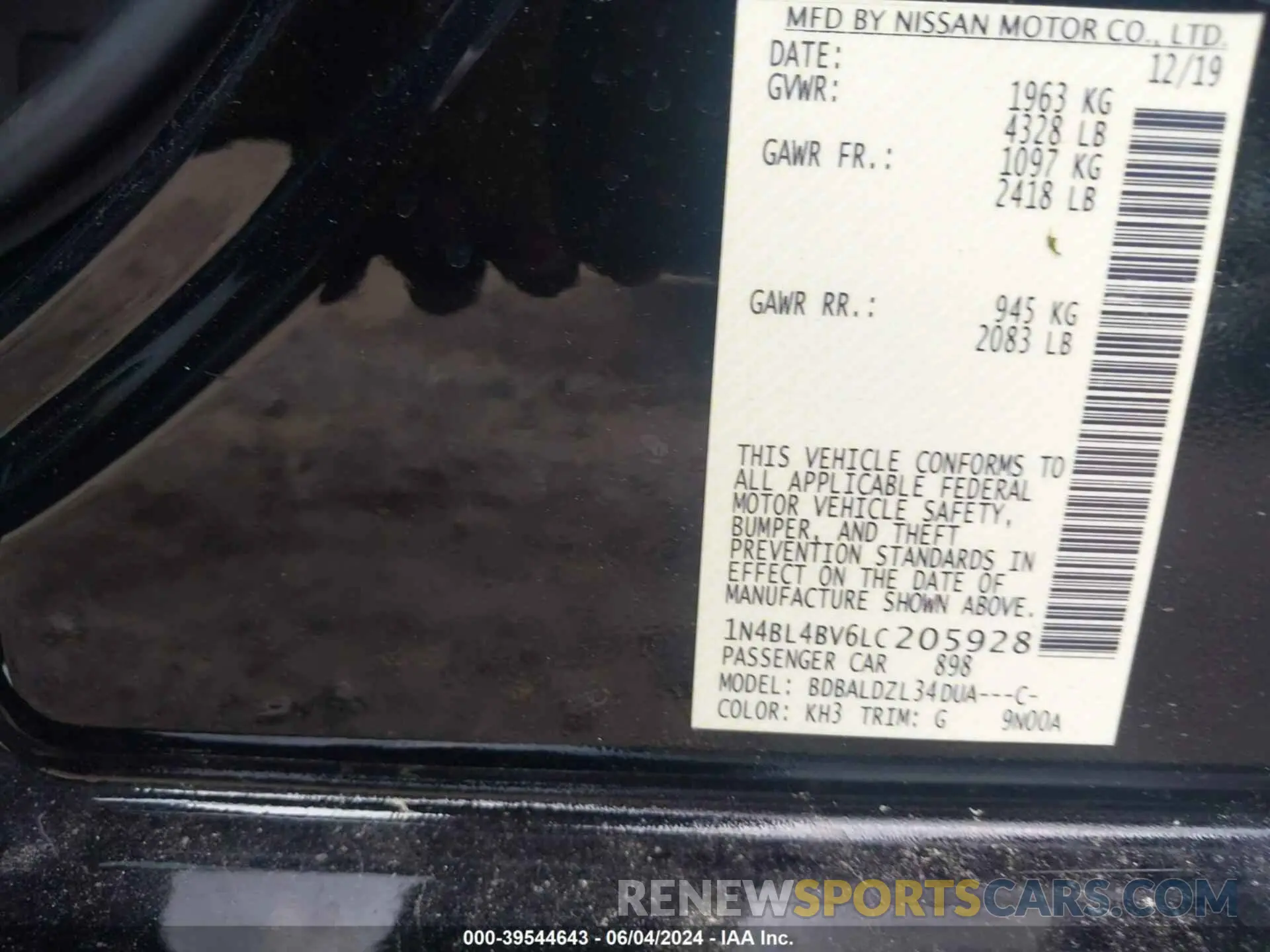 9 Photograph of a damaged car 1N4BL4BV6LC205928 NISSAN ALTIMA 2020