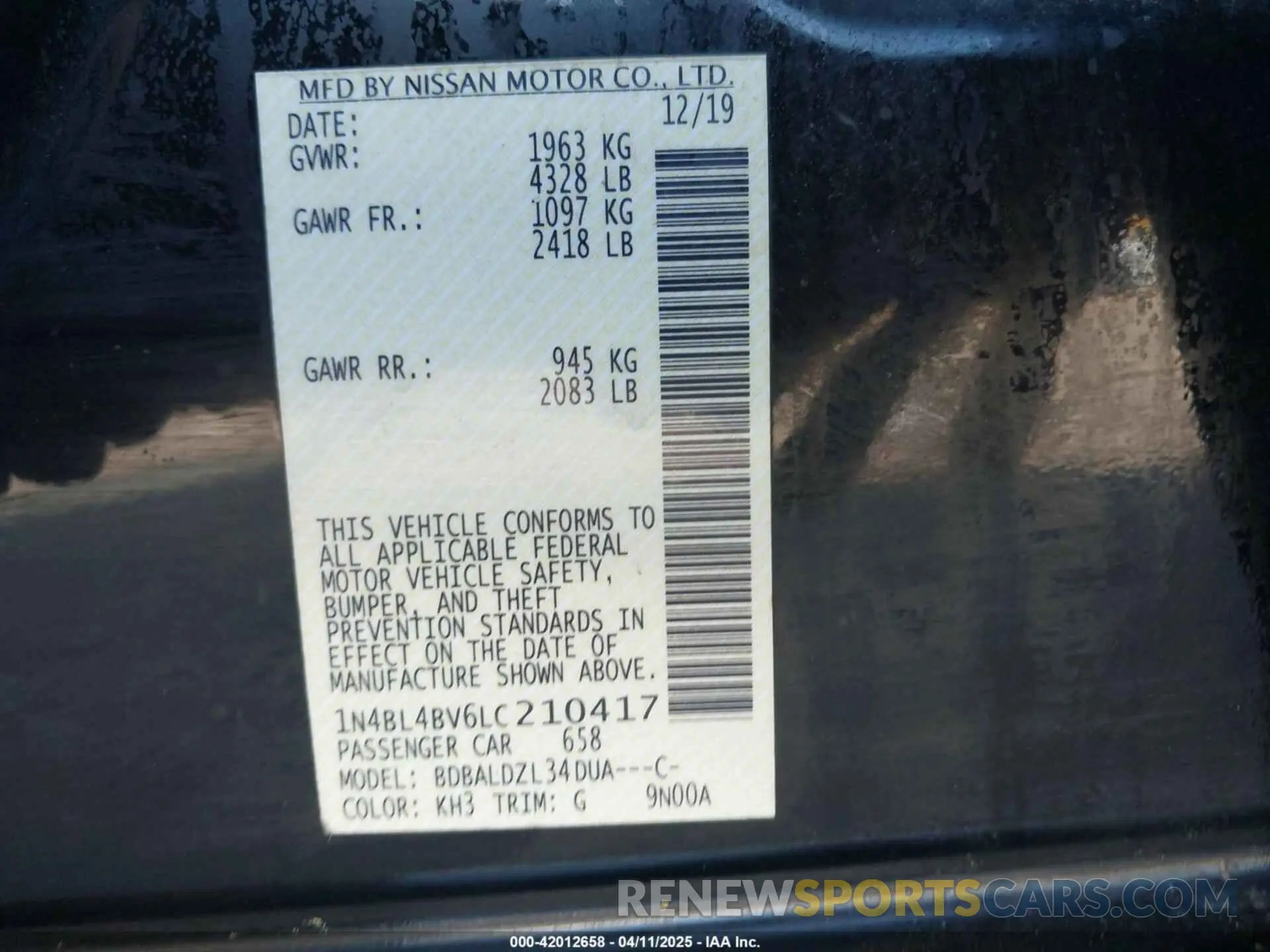 9 Photograph of a damaged car 1N4BL4BV6LC210417 NISSAN ALTIMA 2020