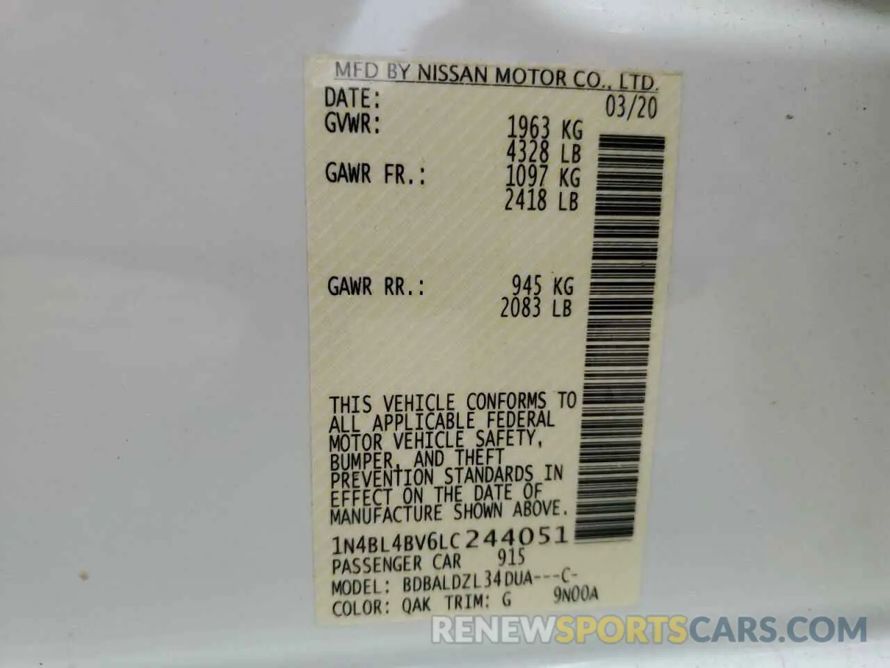 15 Photograph of a damaged car 1N4BL4BV6LC244051 NISSAN ALTIMA 2020