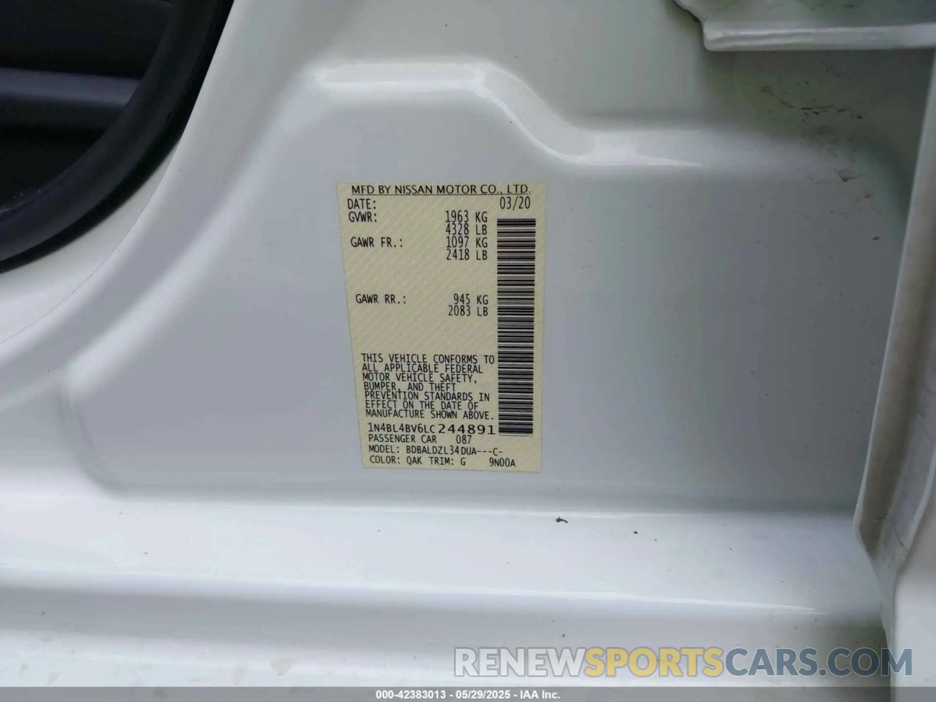 9 Photograph of a damaged car 1N4BL4BV6LC244891 NISSAN ALTIMA 2020
