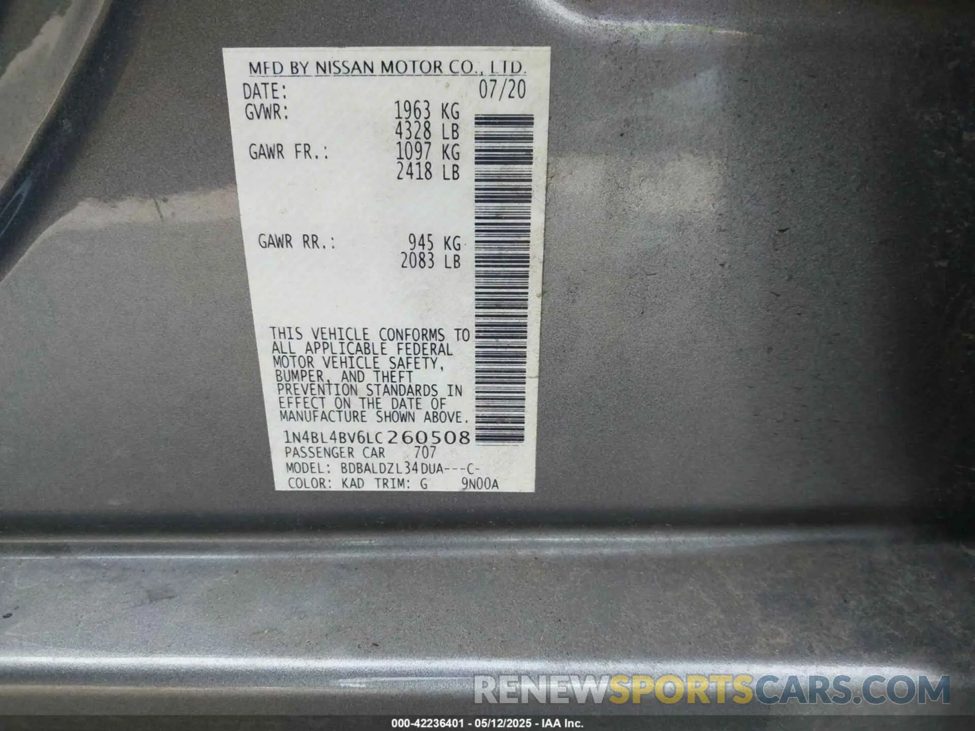 9 Photograph of a damaged car 1N4BL4BV6LC260508 NISSAN ALTIMA 2020