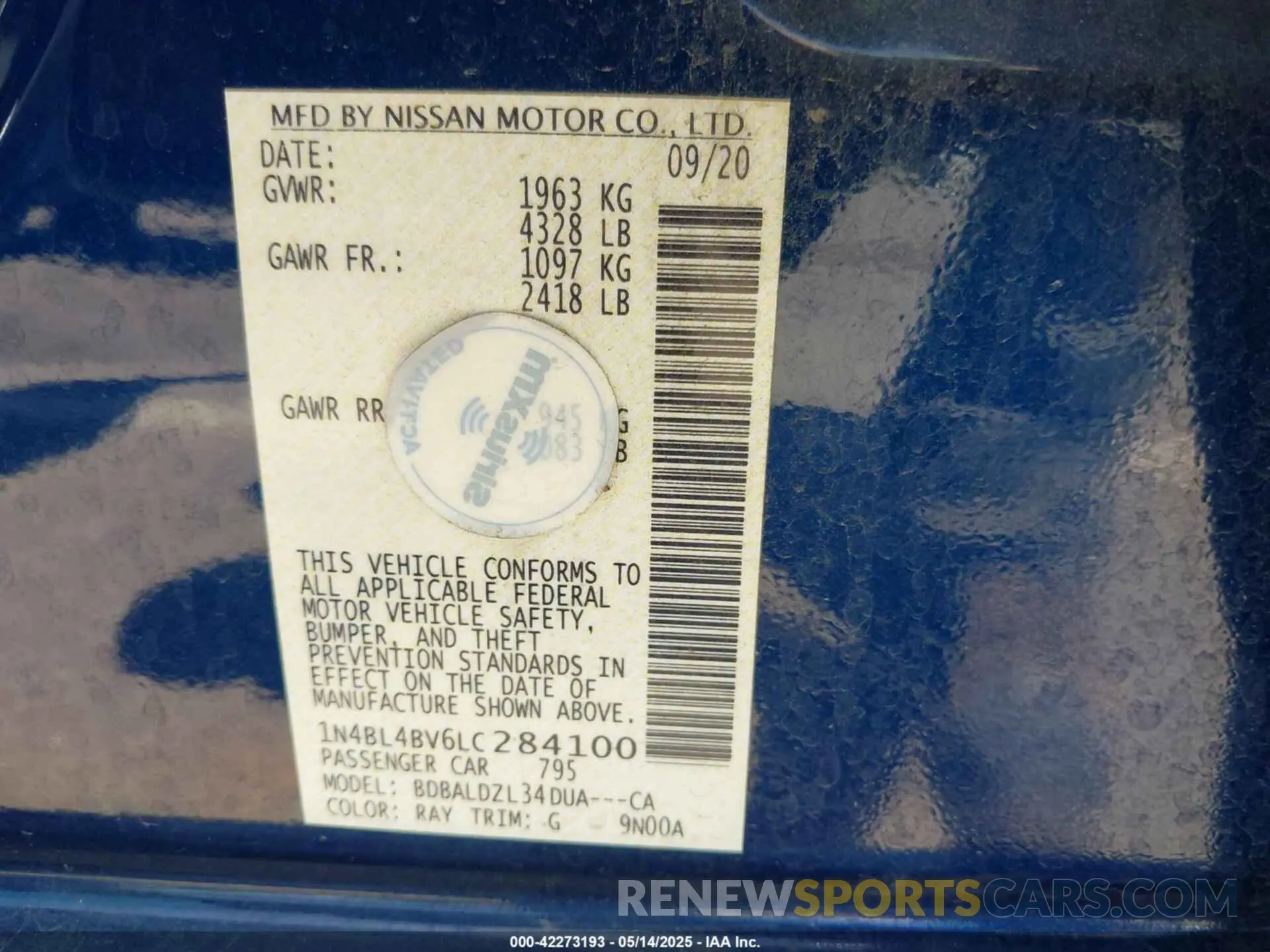 9 Photograph of a damaged car 1N4BL4BV6LC284100 NISSAN ALTIMA 2020