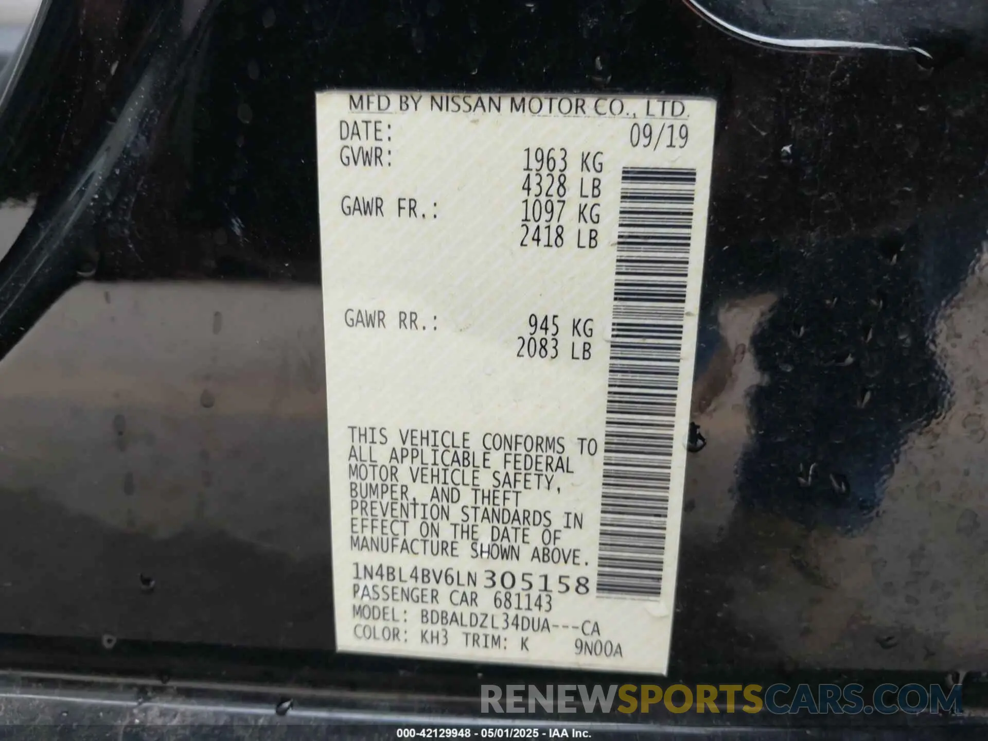 9 Photograph of a damaged car 1N4BL4BV6LN305158 NISSAN ALTIMA 2020