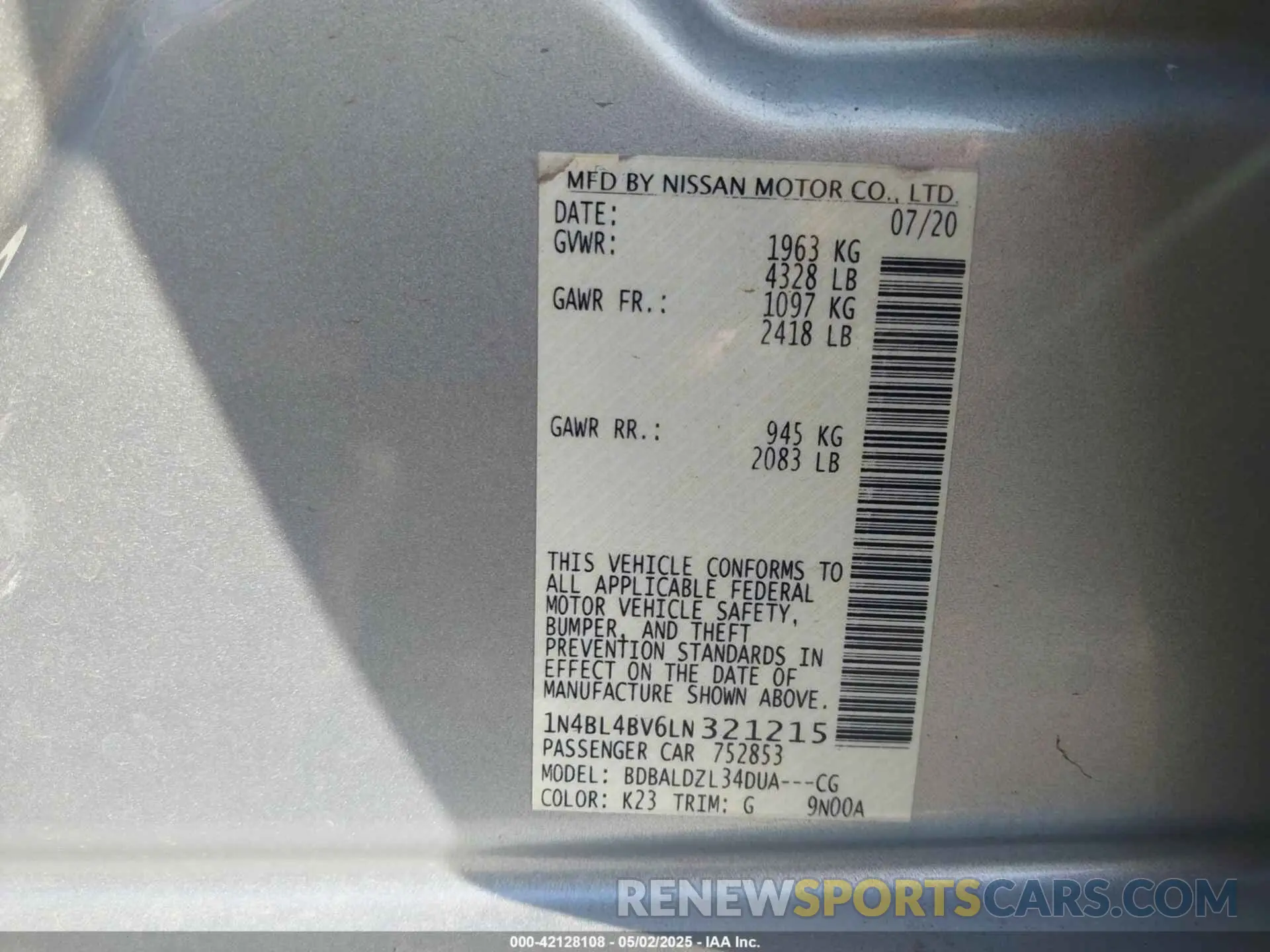 9 Photograph of a damaged car 1N4BL4BV6LN321215 NISSAN ALTIMA 2020