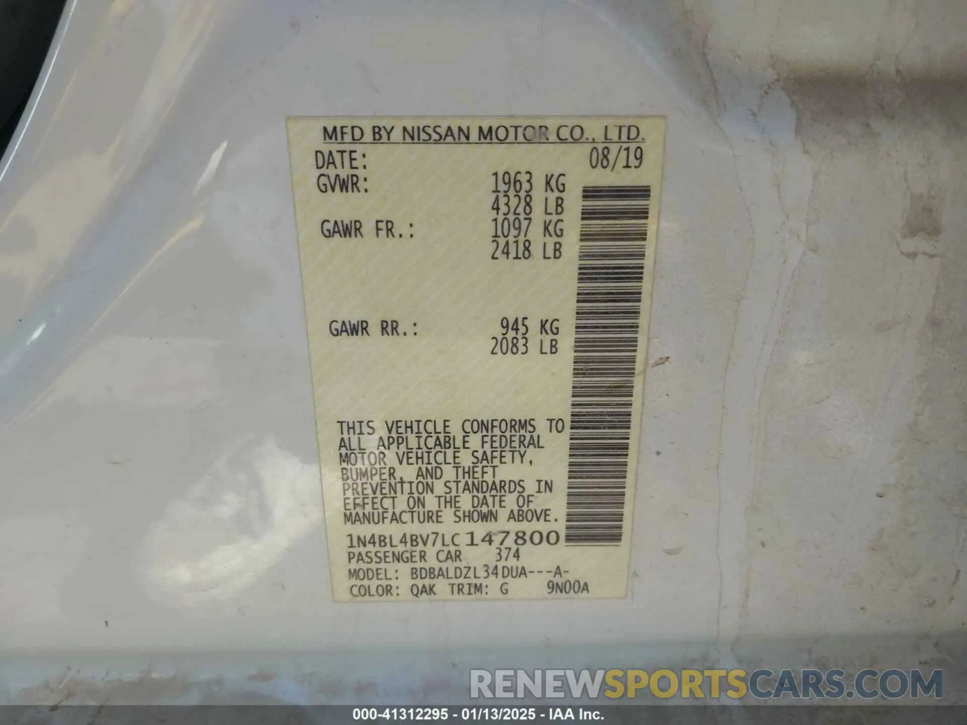 9 Photograph of a damaged car 1N4BL4BV7LC147800 NISSAN ALTIMA 2020