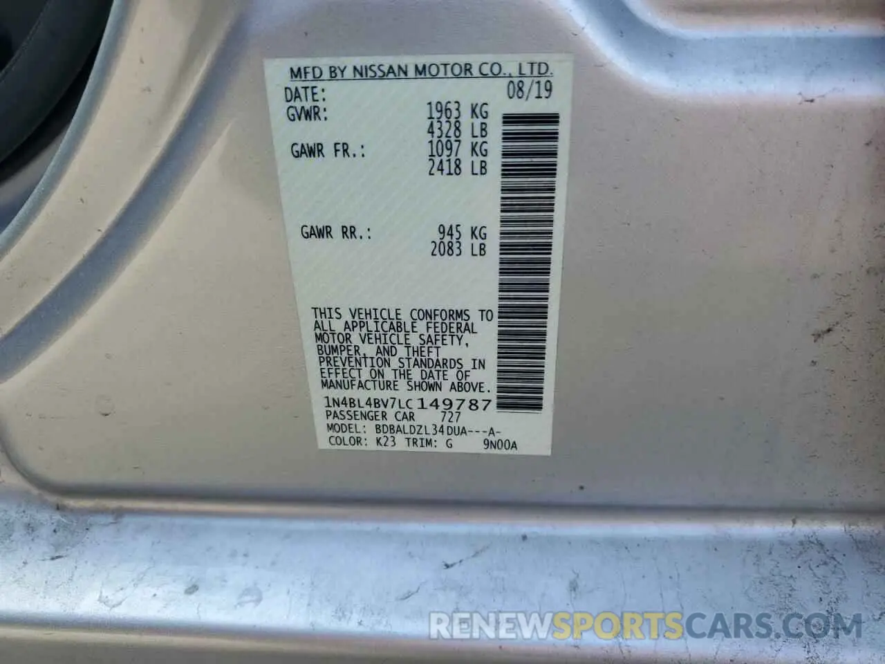 12 Photograph of a damaged car 1N4BL4BV7LC149787 NISSAN ALTIMA 2020